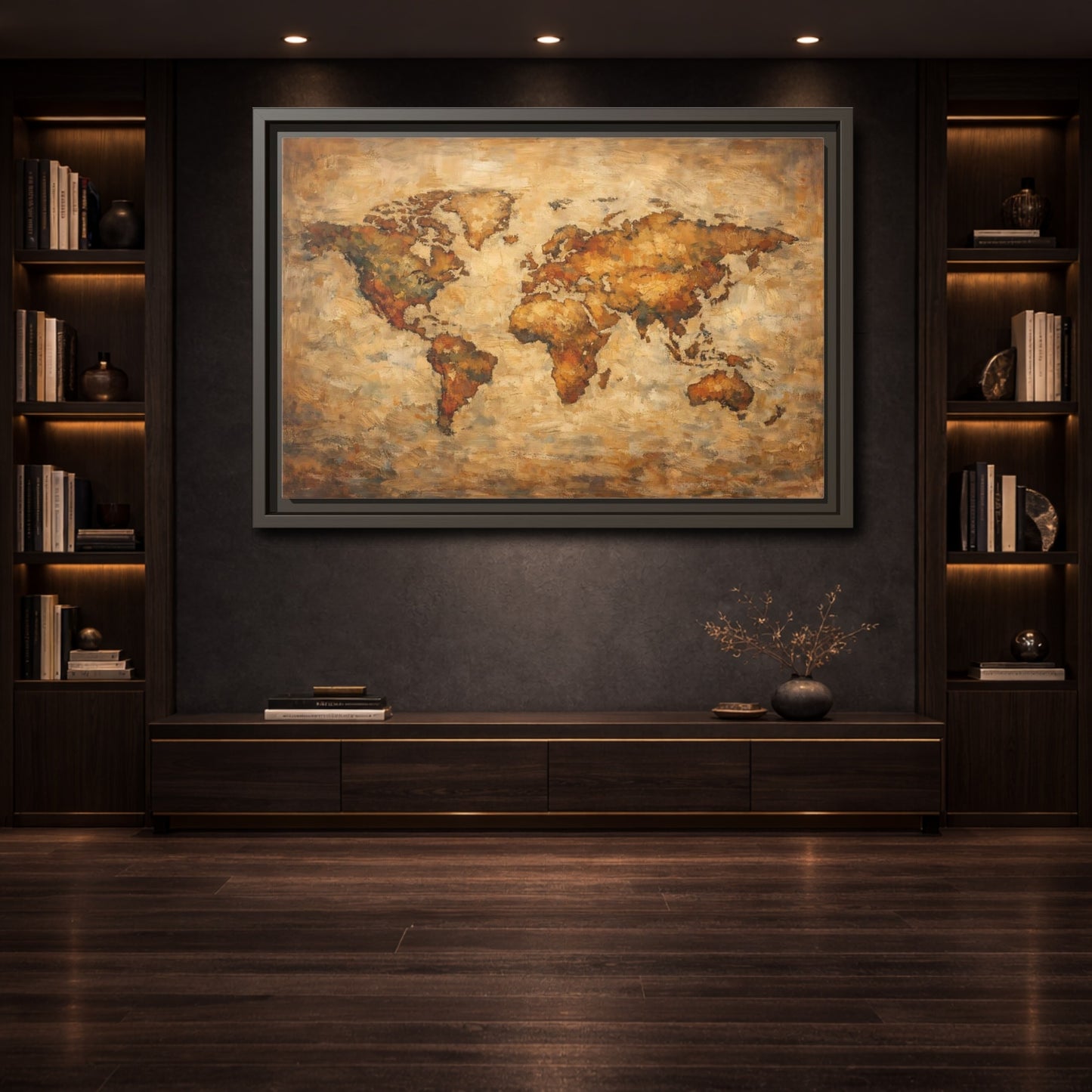 Mockup 3. Maps World Map Brown And Gold shown as stretched canvas wall art