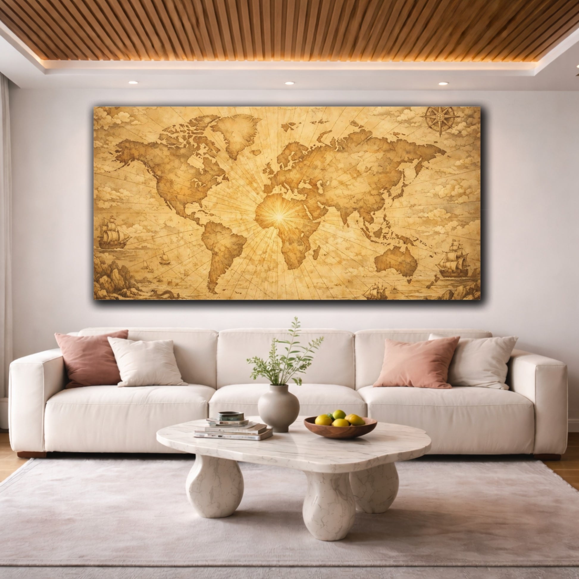 Mockup 3. Maps World Map Brown And Gold shown as stretched canvas wall art
