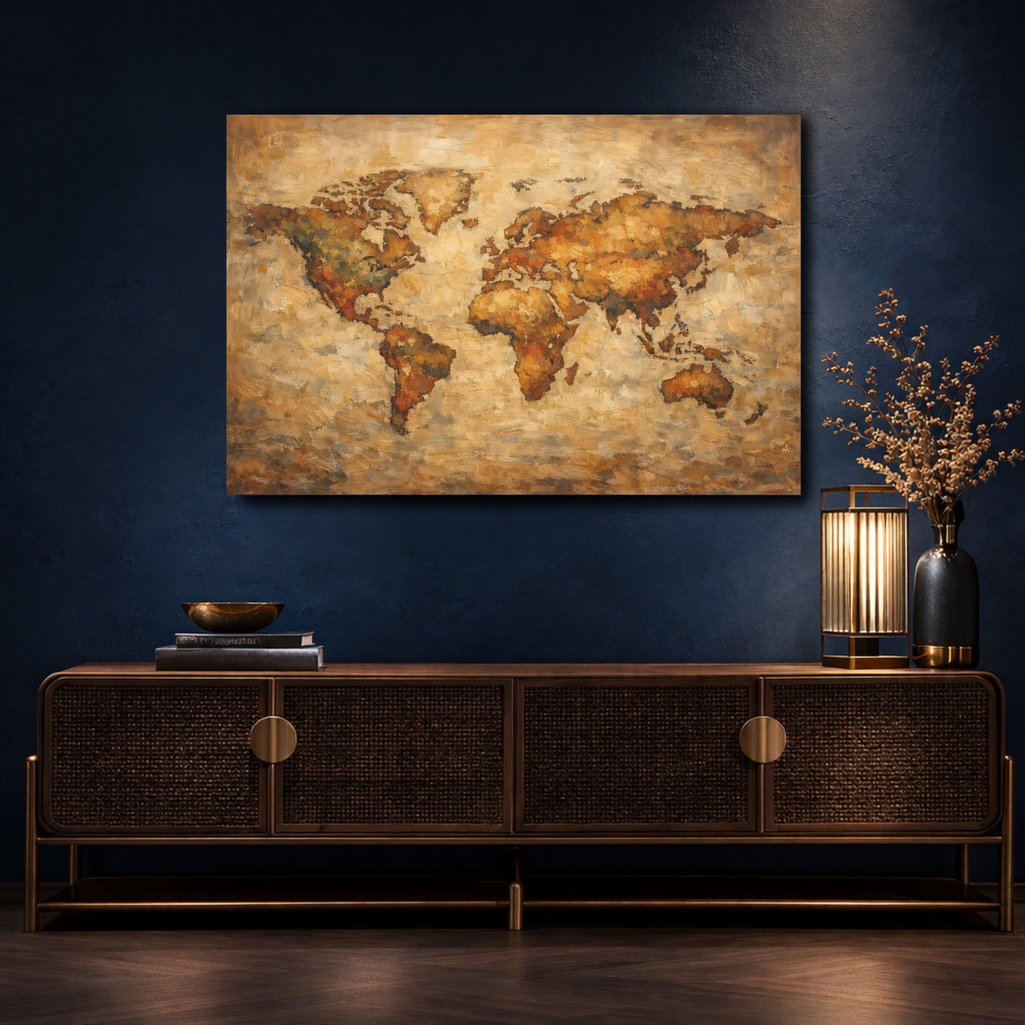 Mockup 4. Maps World Map Brown And Gold shown as stretched canvas wall art