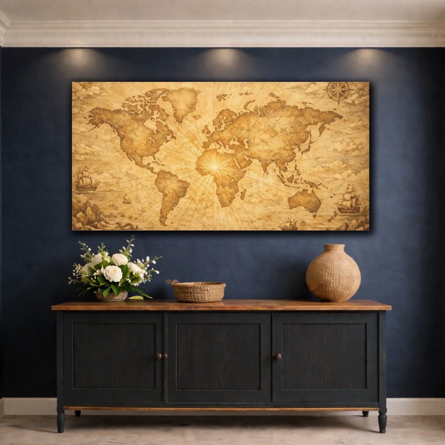 Mockup 4. Maps World Map Brown And Gold shown as stretched canvas wall art