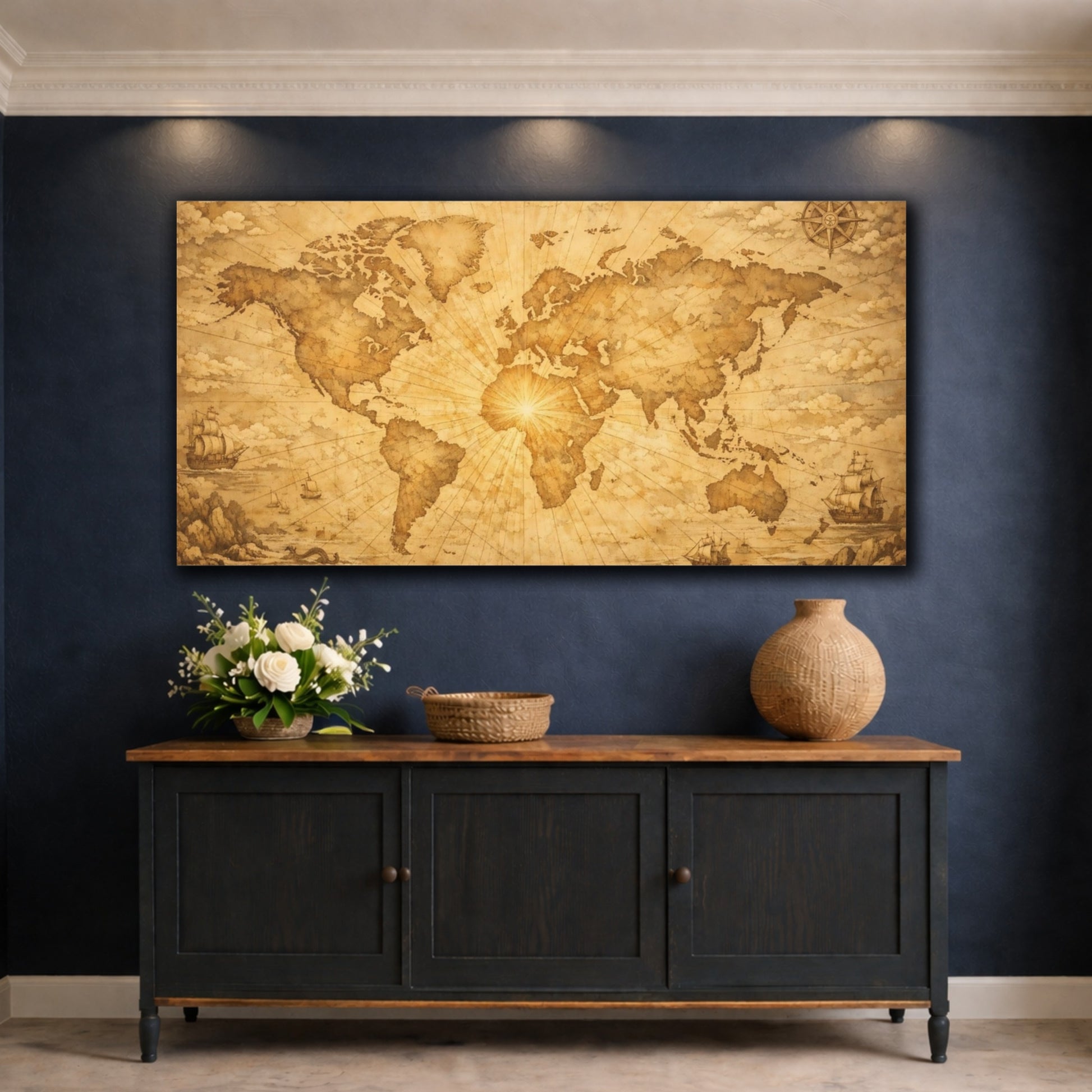 Mockup 4. Maps World Map Brown And Gold shown as stretched canvas wall art