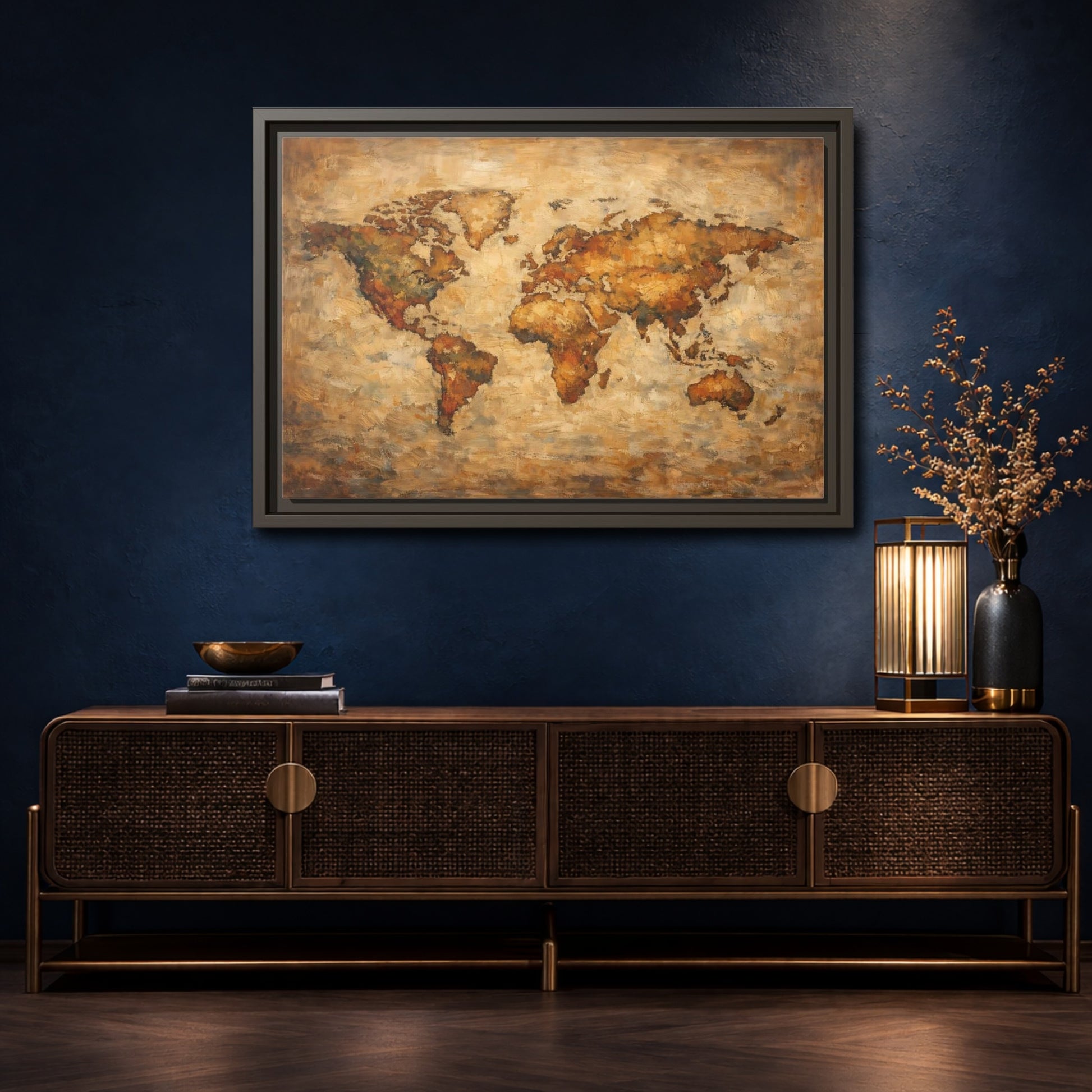Mockup 4. Maps World Map Brown And Gold shown as stretched canvas wall art