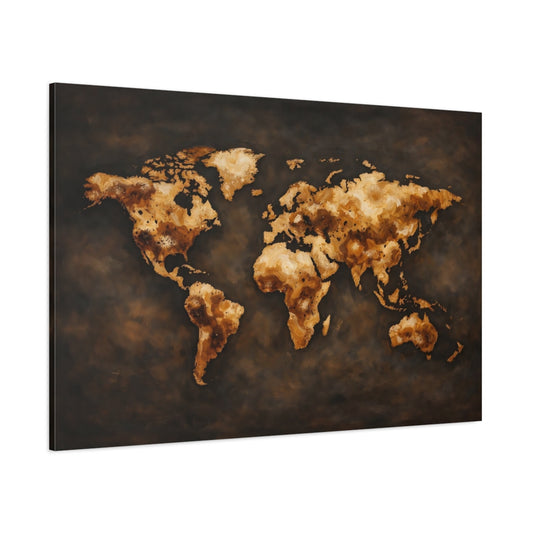 Main Mockup. Maps World Map Brown And Gold World Map shown as stretched canvas wall art