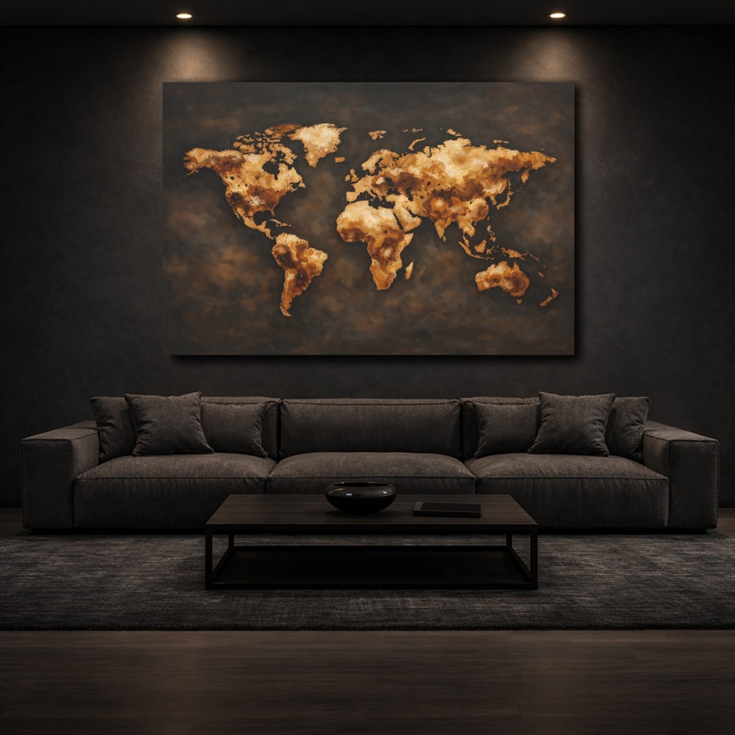 Mockup 2. Maps World Map Brown And Gold World Map shown as stretched canvas wall art