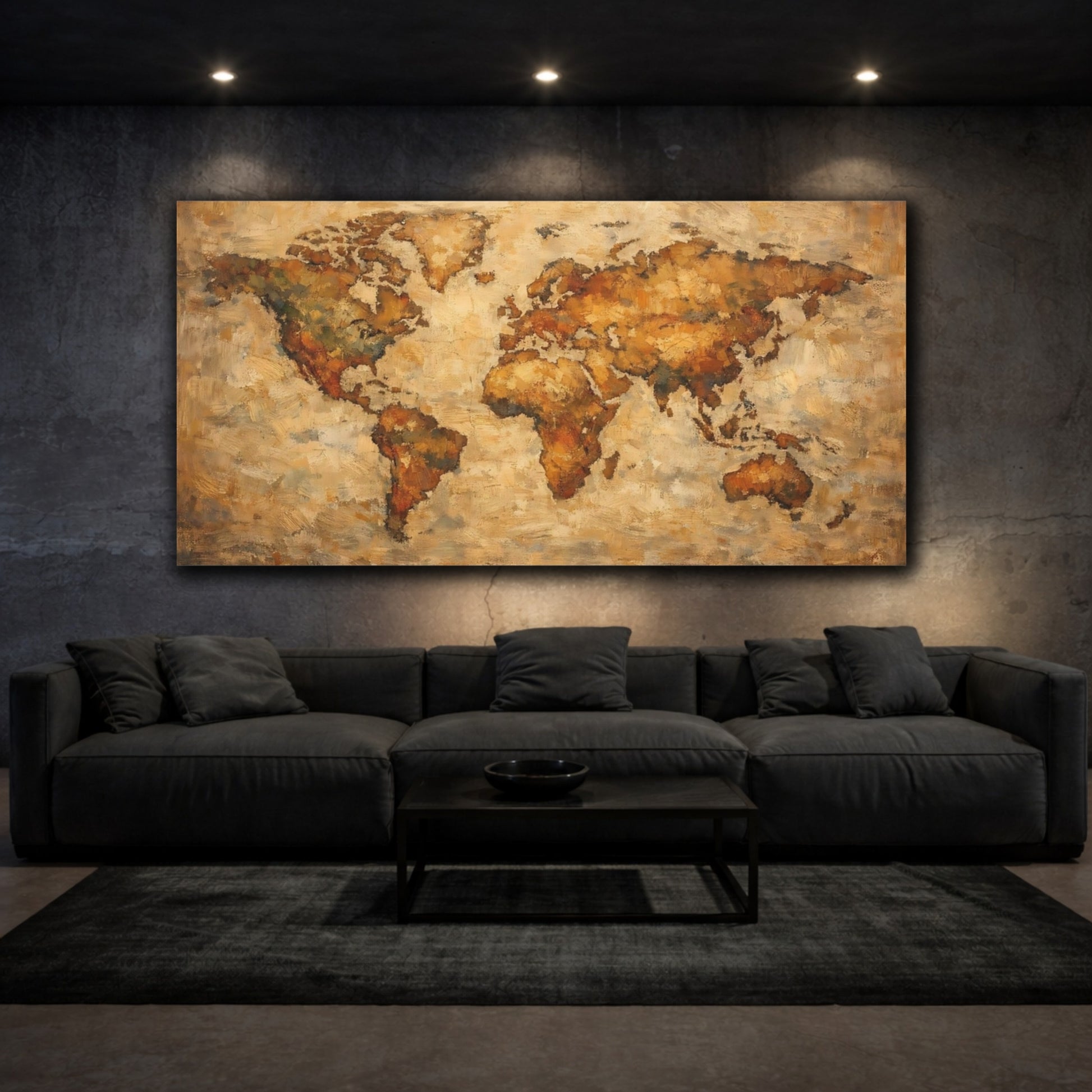 Mockup 2. Maps World Map Brown And Gold World Map shown as stretched canvas wall art
