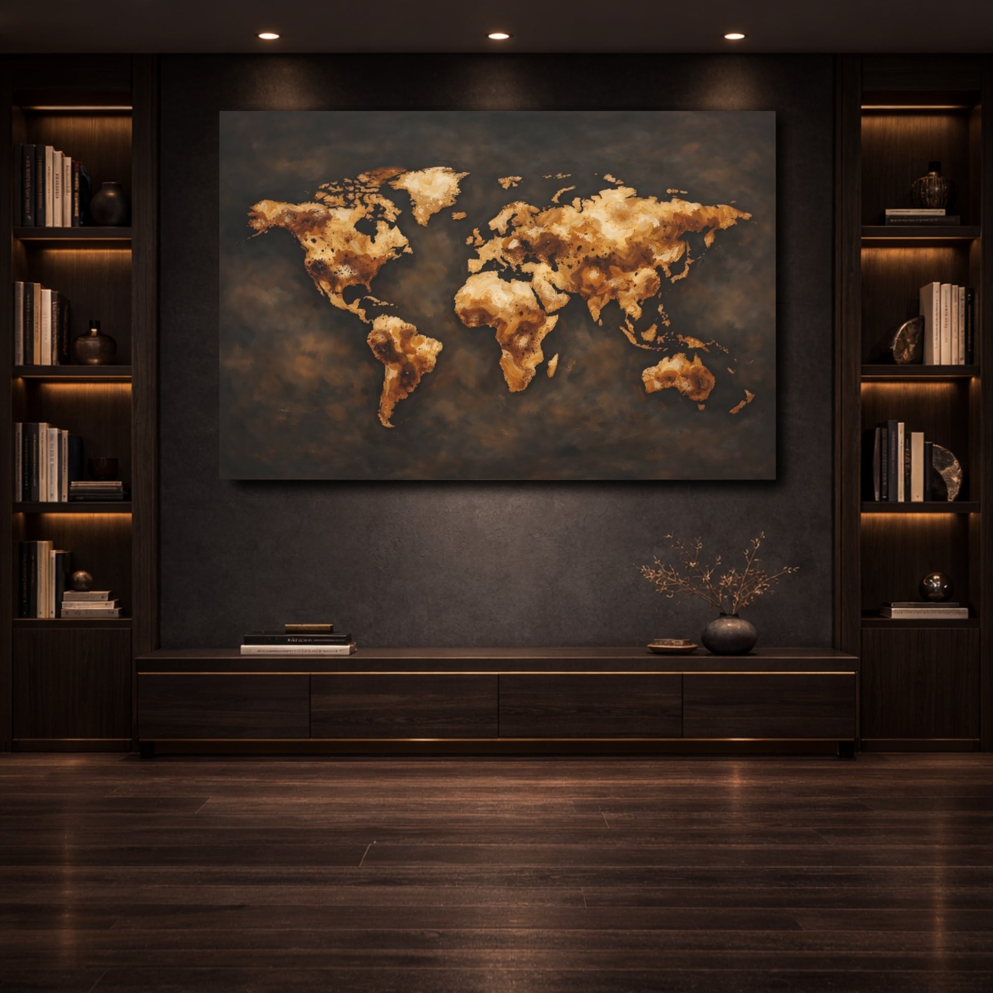 Mockup 3. Maps World Map Brown And Gold World Map shown as stretched canvas wall art