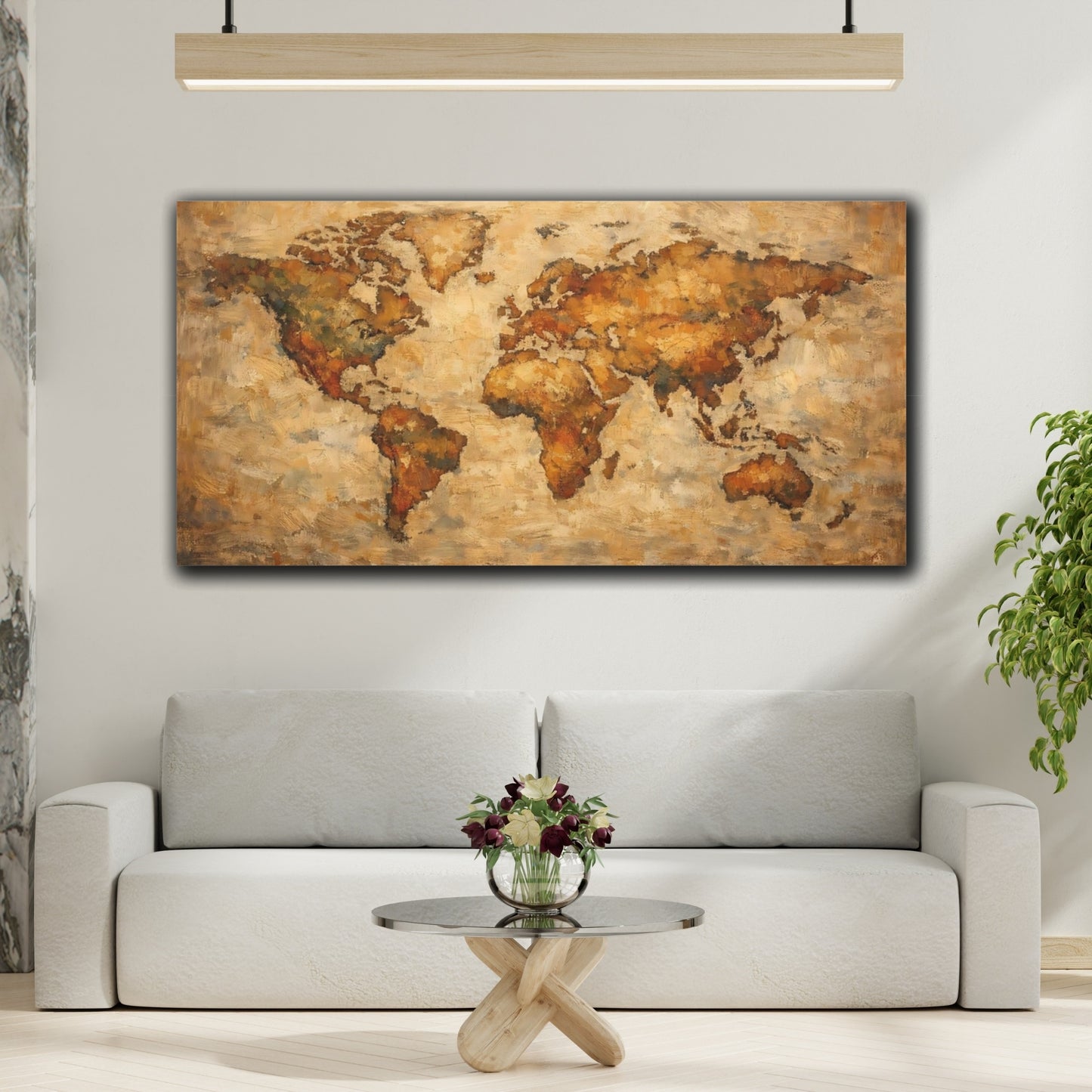 Mockup 3. Maps World Map Brown And Gold World Map shown as stretched canvas wall art