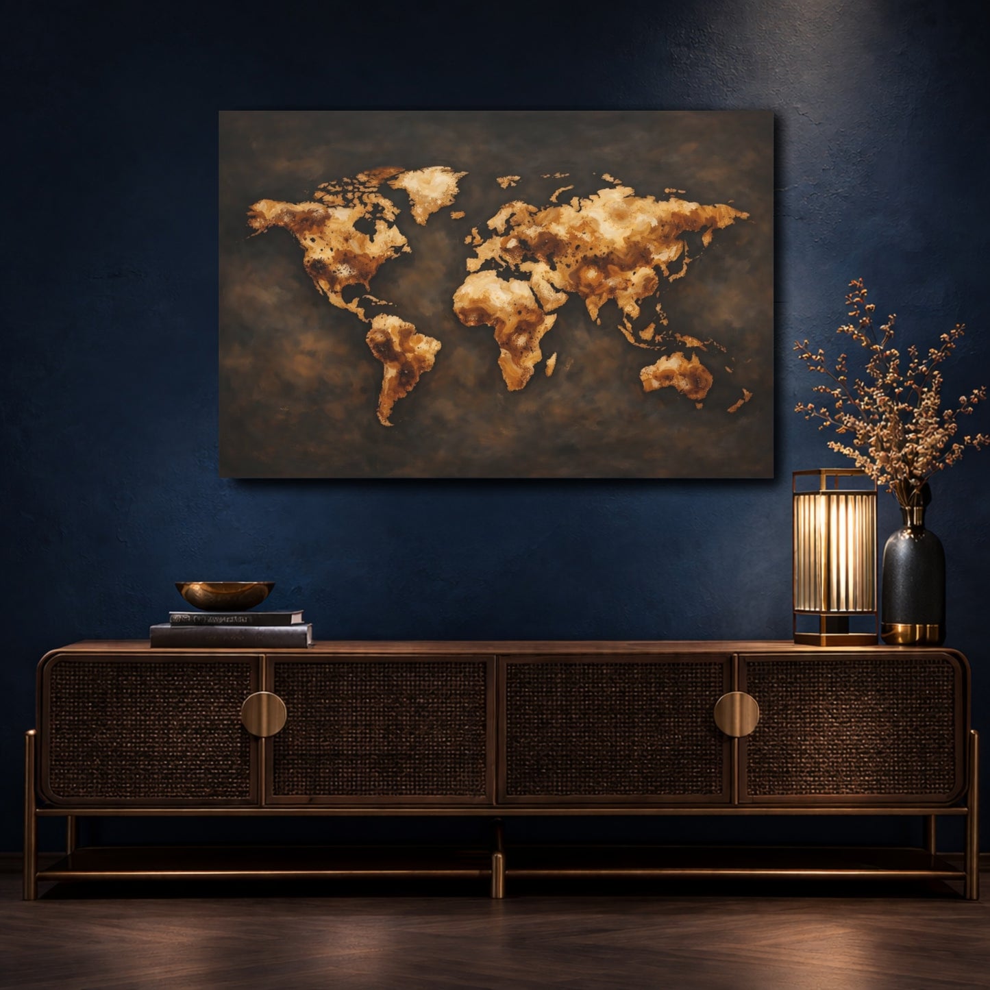 Mockup 4. Maps World Map Brown And Gold World Map shown as stretched canvas wall art