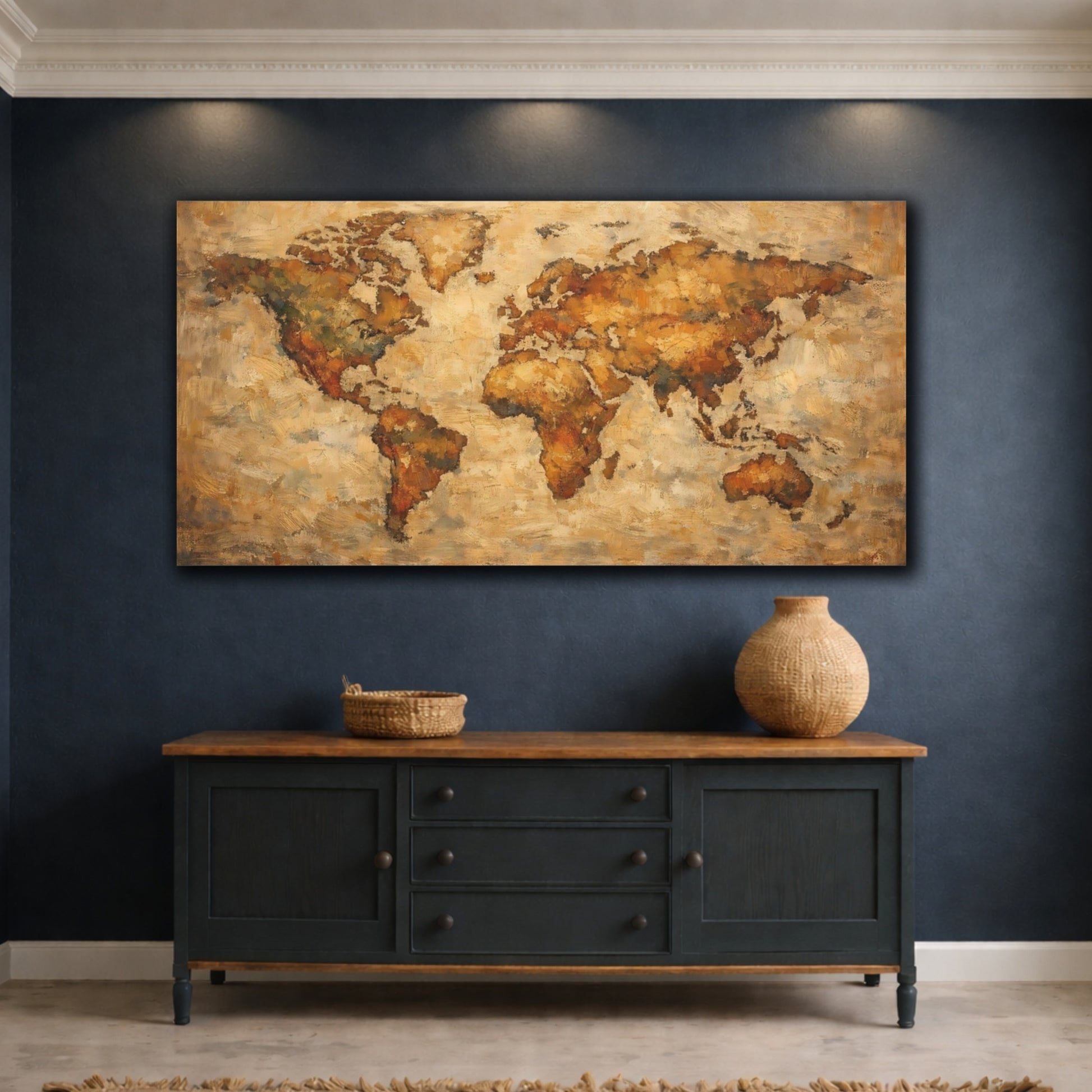 Mockup 4. Maps World Map Brown And Gold World Map shown as stretched canvas wall art