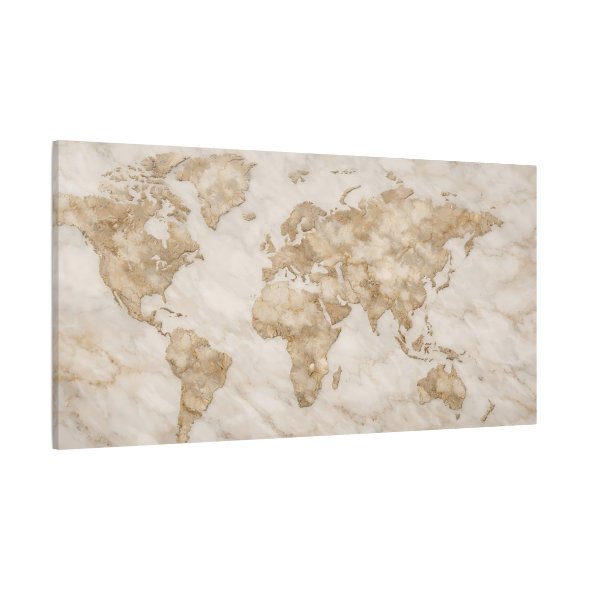 Main Mockup. Maps World Map Brown And White Marble shown as stretched canvas wall art