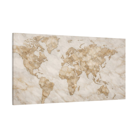 Main Mockup. Maps World Map Brown And White Marble shown as stretched canvas wall art