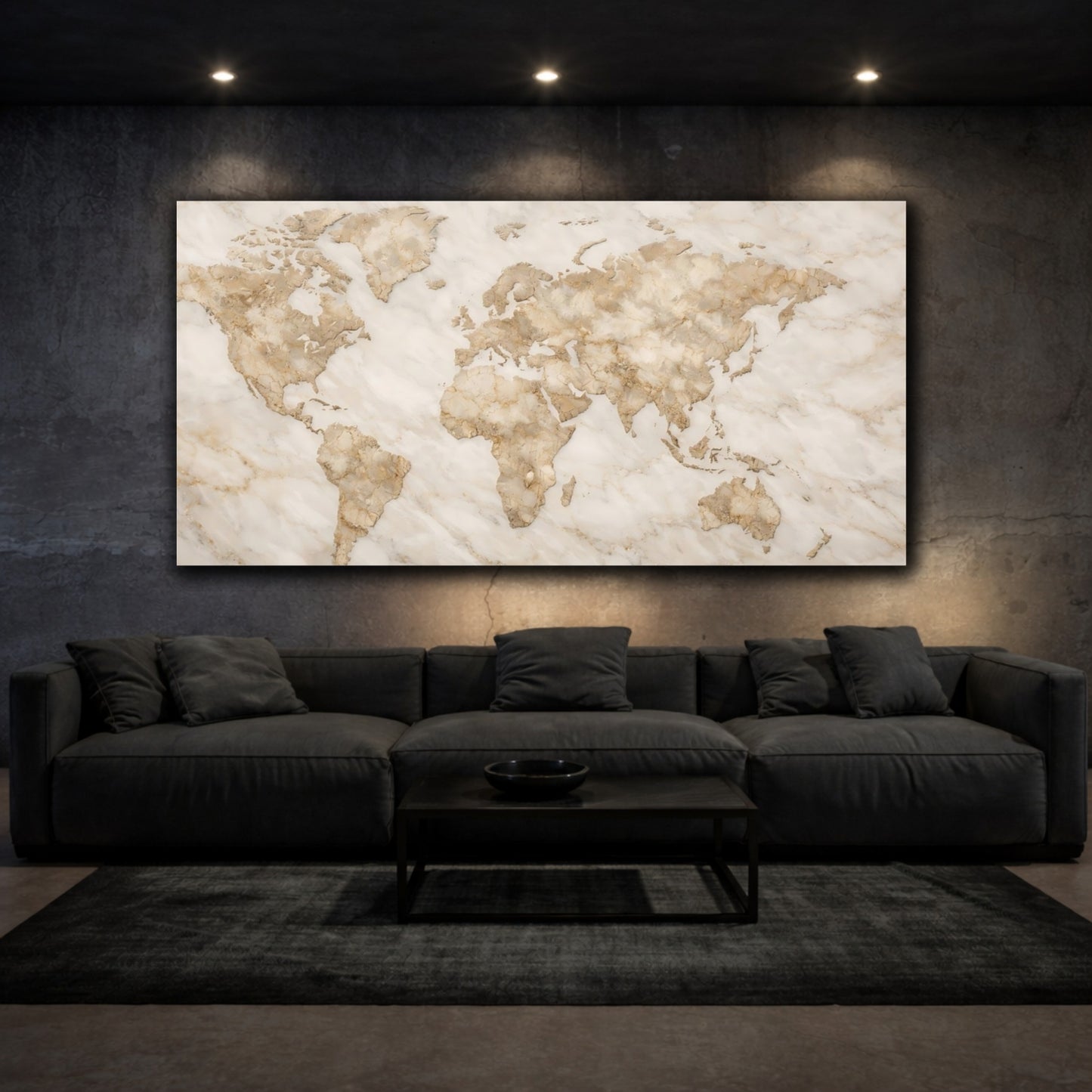 Mockup 2. Maps World Map Brown And White Marble shown as stretched canvas wall art