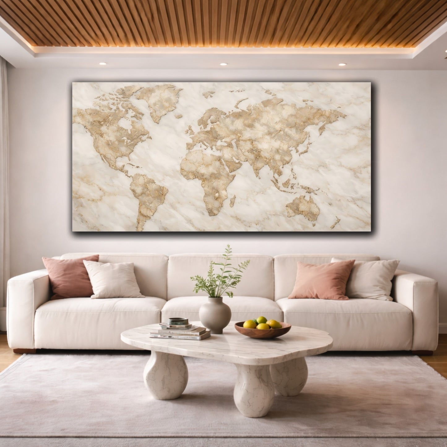Mockup 3. Maps World Map Brown And White Marble shown as stretched canvas wall art