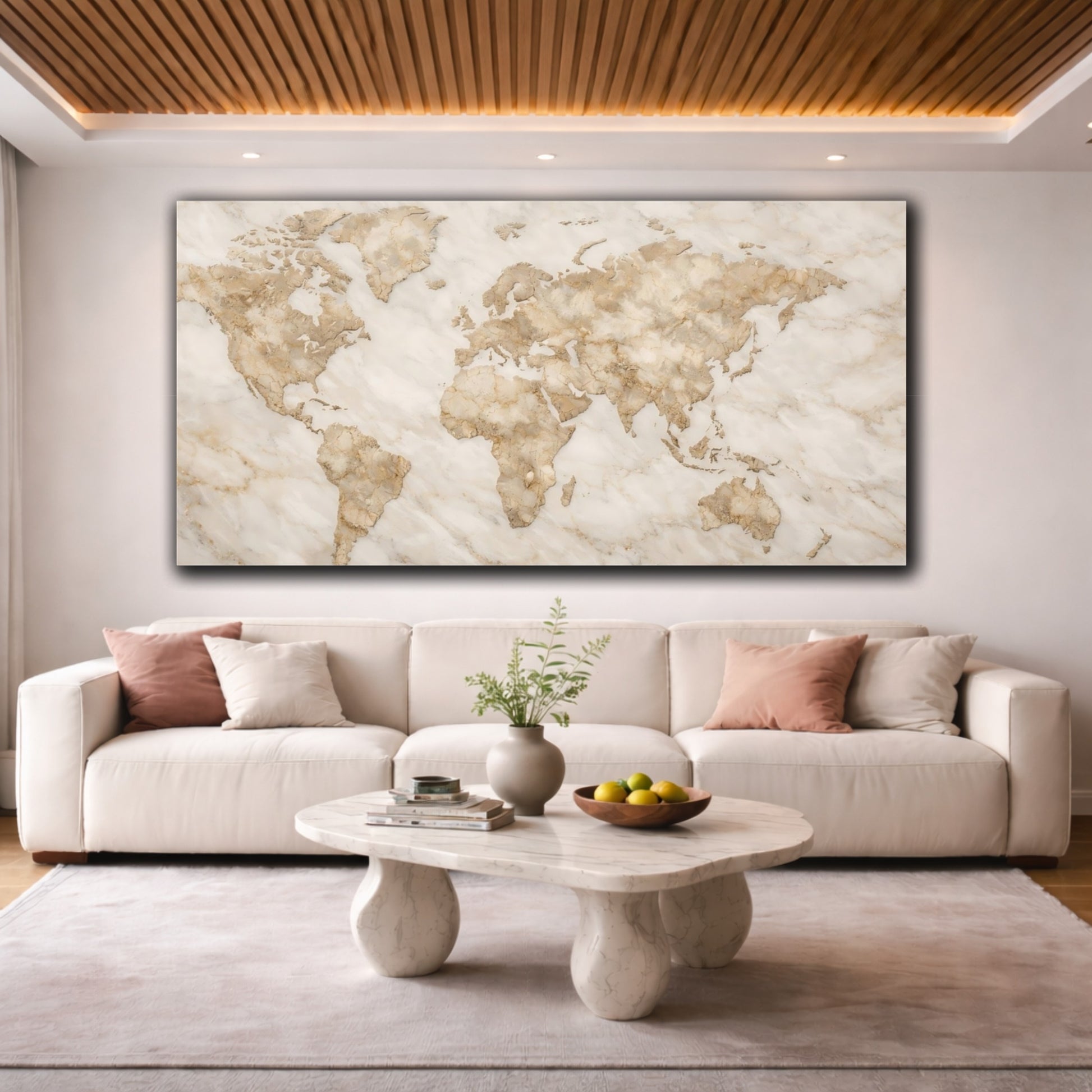 Mockup 3. Maps World Map Brown And White Marble shown as stretched canvas wall art