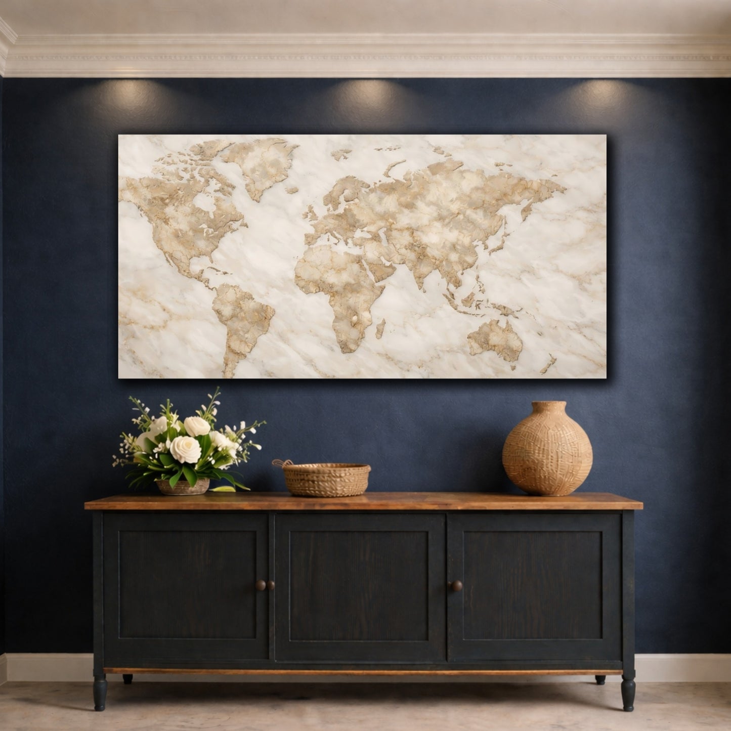 Mockup 4. Maps World Map Brown And White Marble shown as stretched canvas wall art
