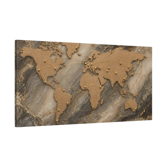 Main Mockup. Maps World Map Brown Gold Grey shown as stretched canvas wall art