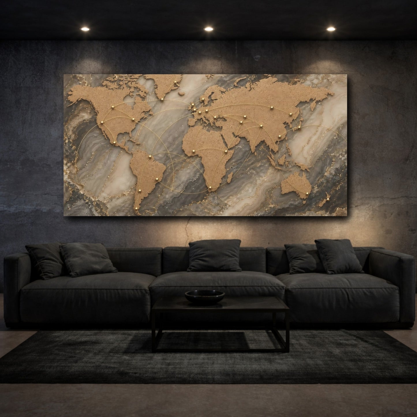 Mockup 2. Maps World Map Brown Gold Grey shown as stretched canvas wall art