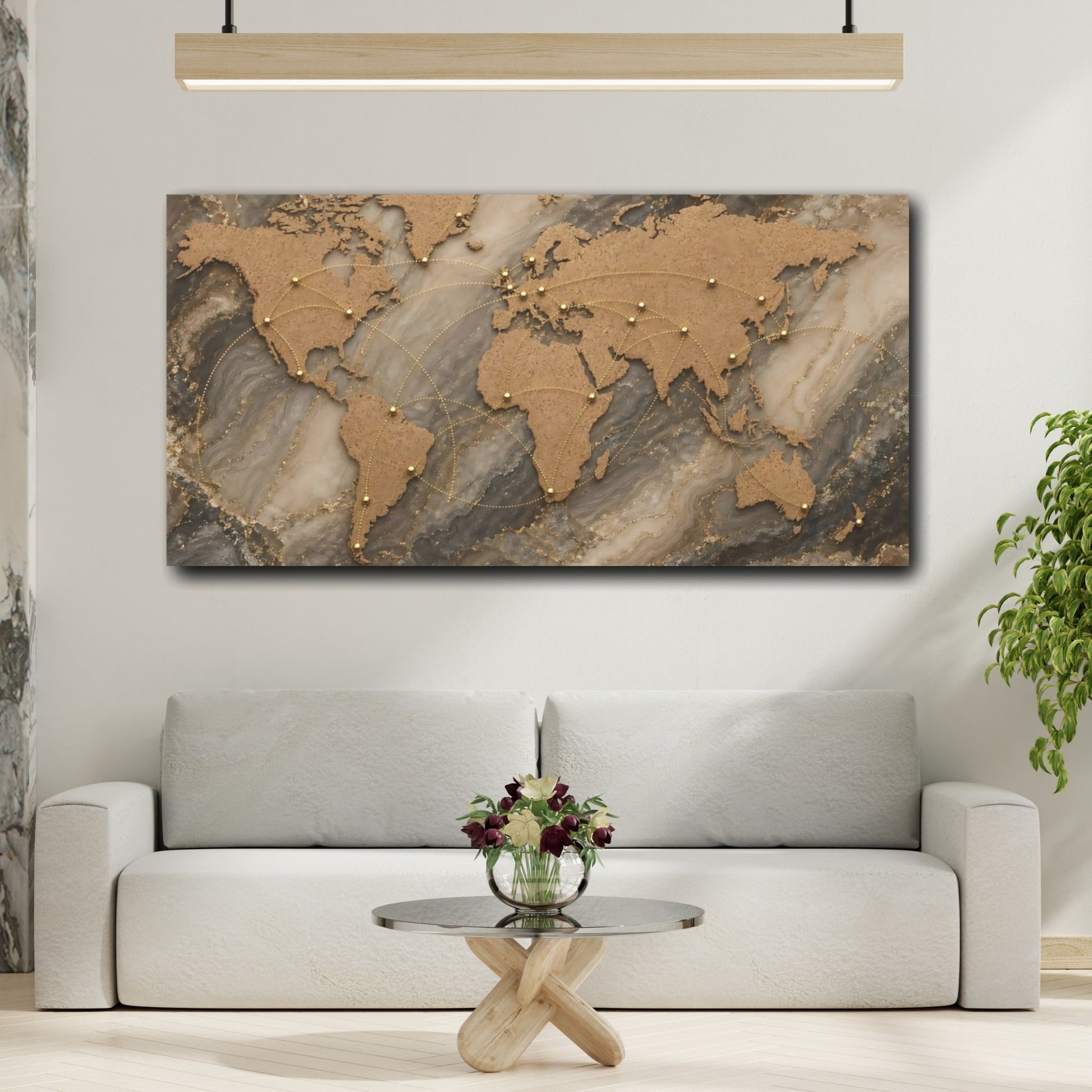 Mockup 3. Maps World Map Brown Gold Grey shown as stretched canvas wall art