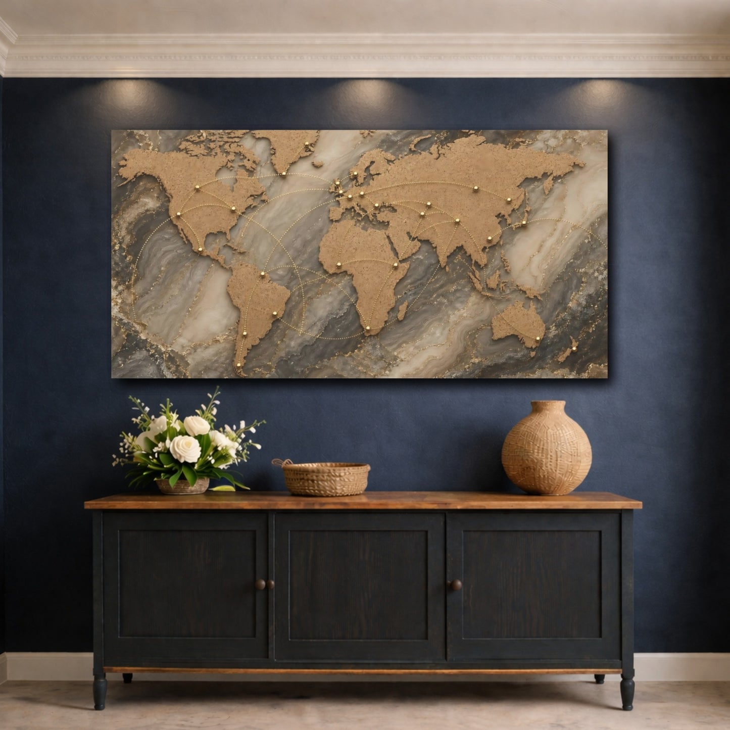 Mockup 4. Maps World Map Brown Gold Grey shown as stretched canvas wall art