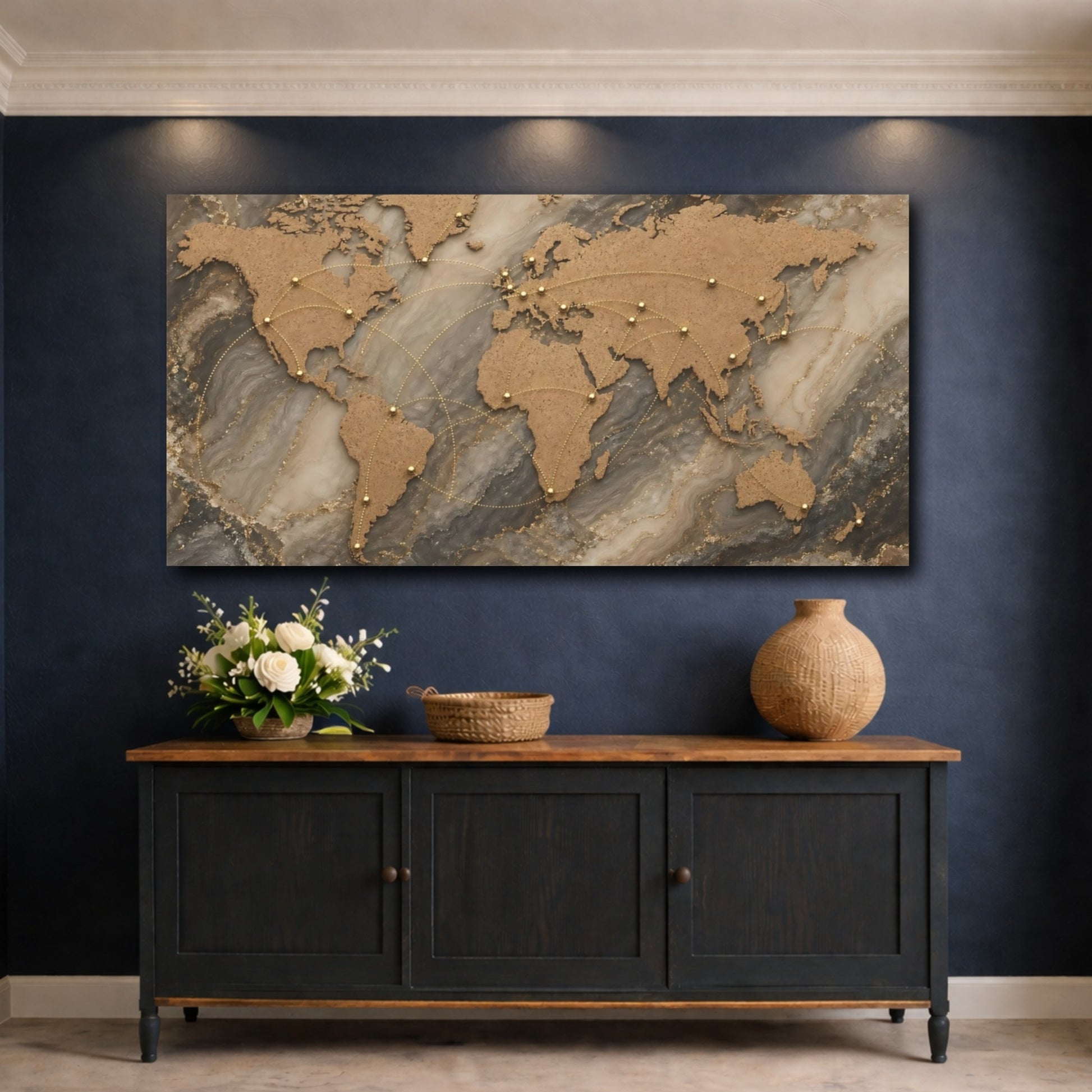 Mockup 4. Maps World Map Brown Gold Grey shown as stretched canvas wall art