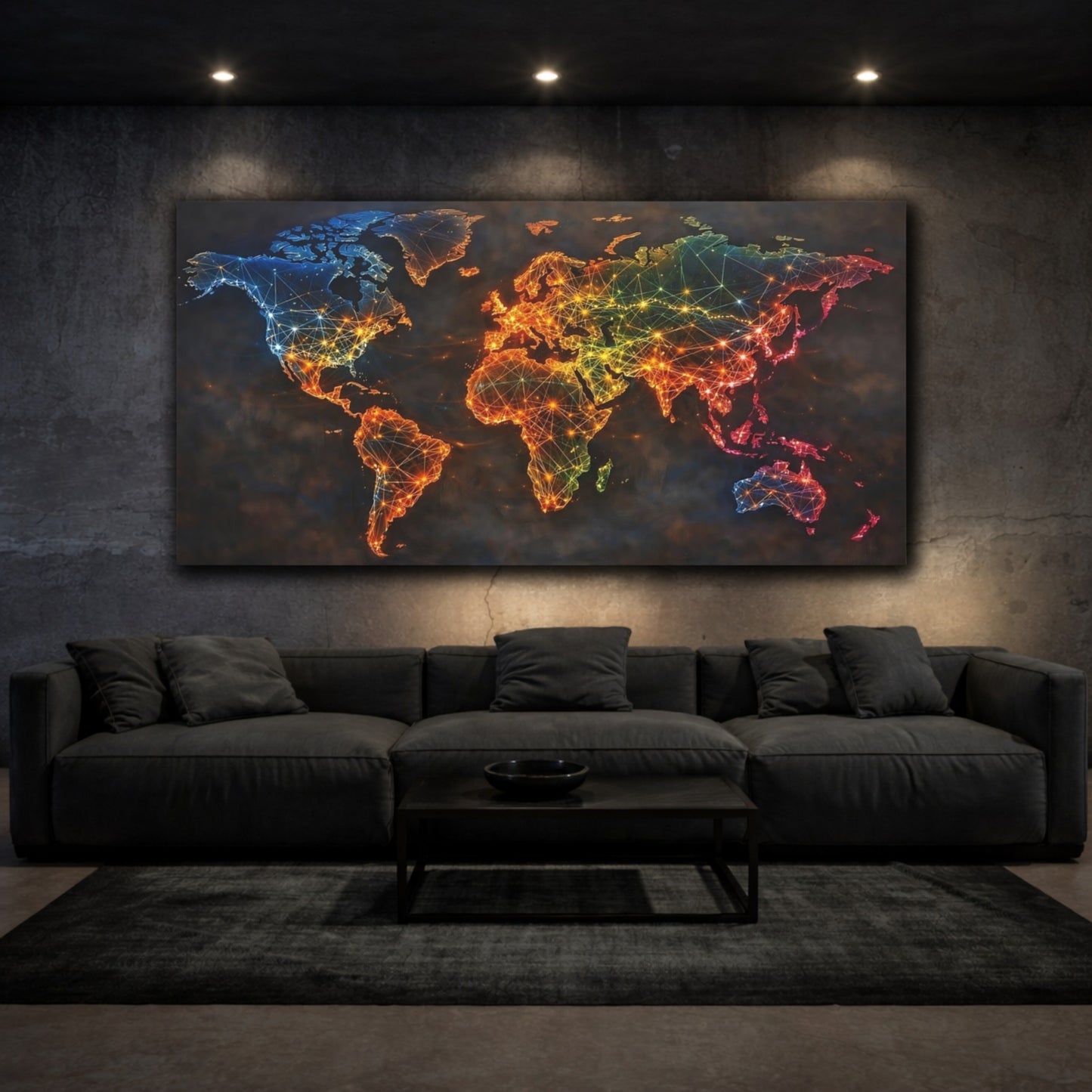 Mockup 2. Maps World Map Colorful Map shown as stretched canvas wall art