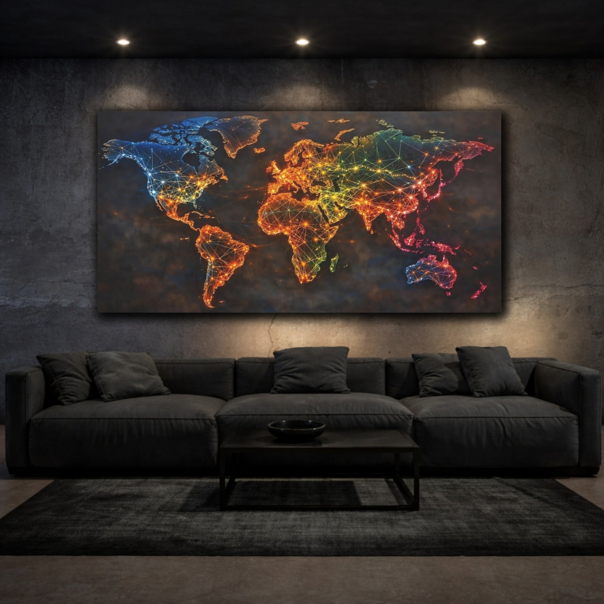 Mockup 2. Maps World Map Colorful Map shown as stretched canvas wall art