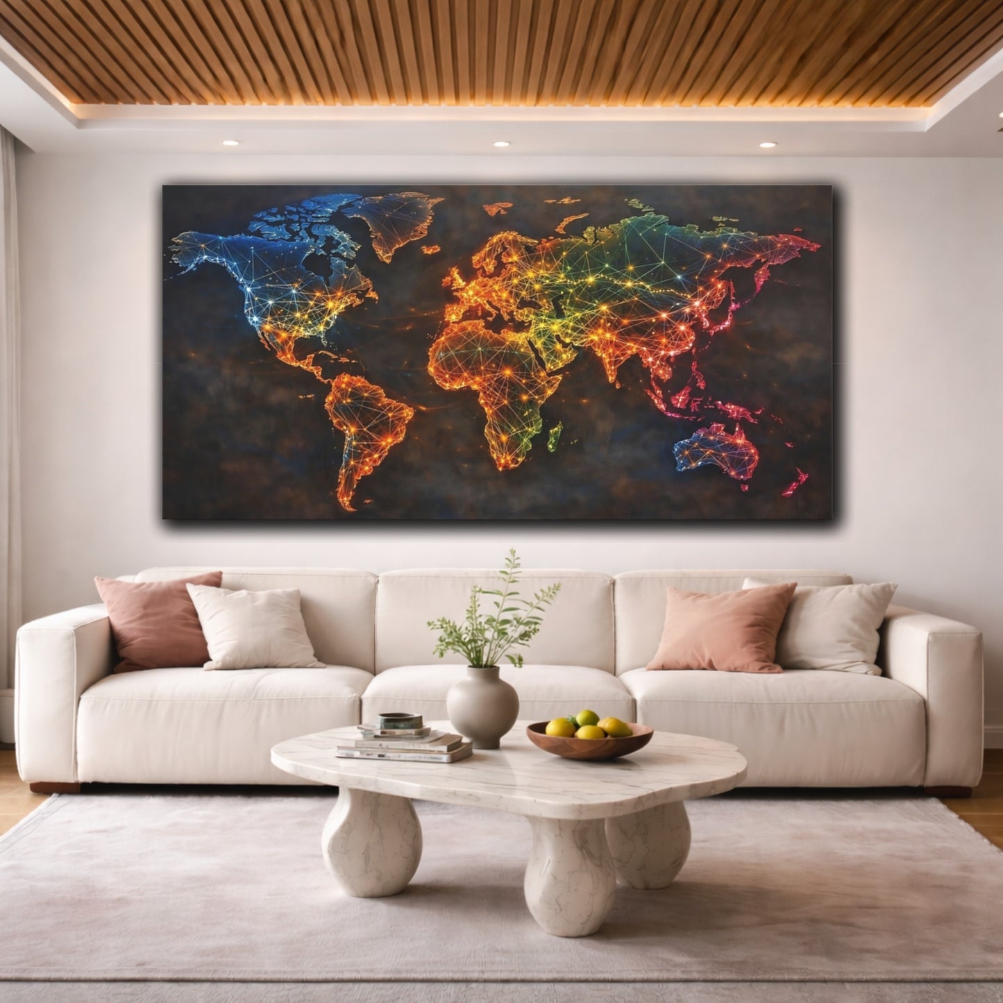 Mockup 3. Maps World Map Colorful Map shown as stretched canvas wall art
