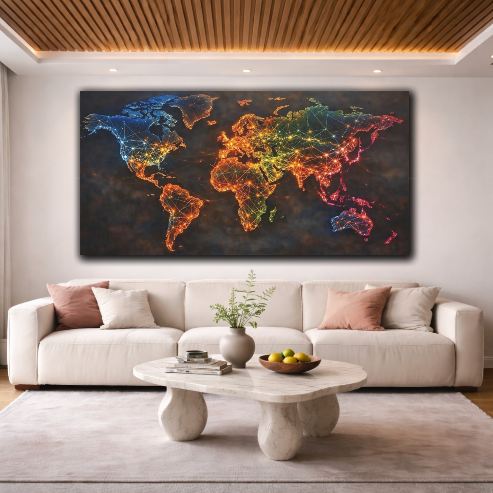 Mockup 3. Maps World Map Colorful Map shown as stretched canvas wall art