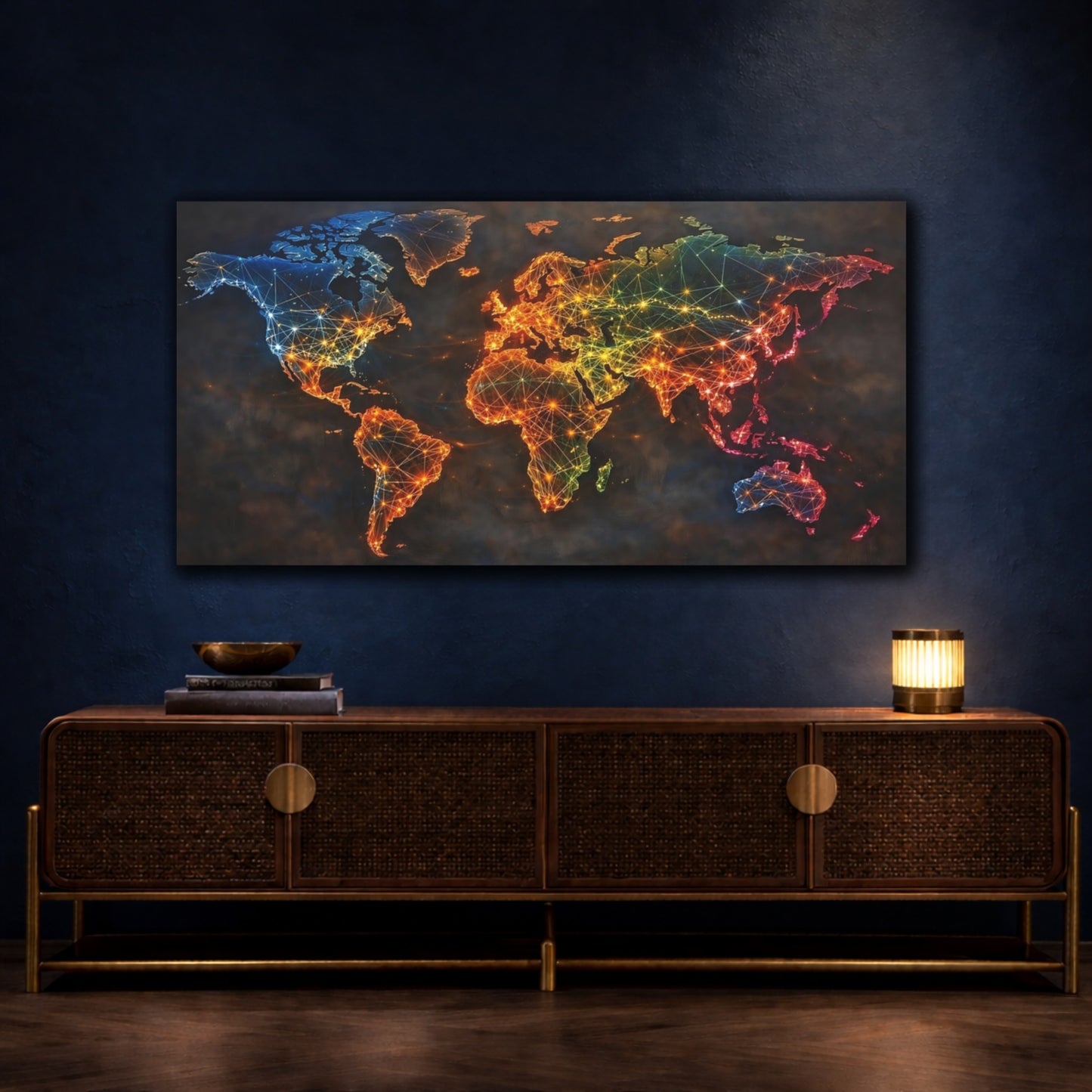 Mockup 4. Maps World Map Colorful Map shown as stretched canvas wall art