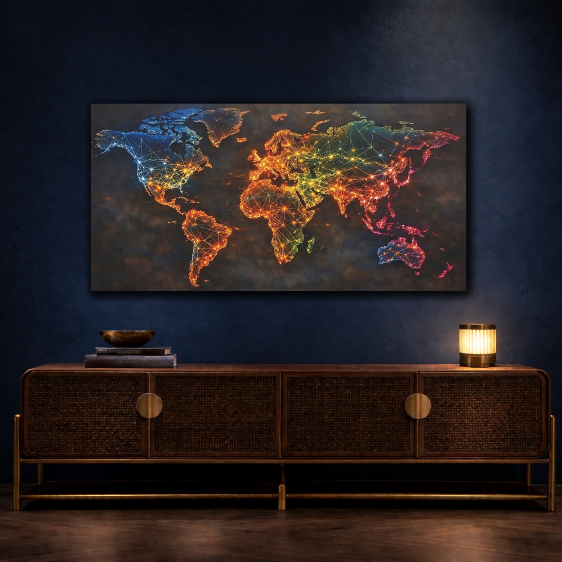 Mockup 4. Maps World Map Colorful Map shown as stretched canvas wall art