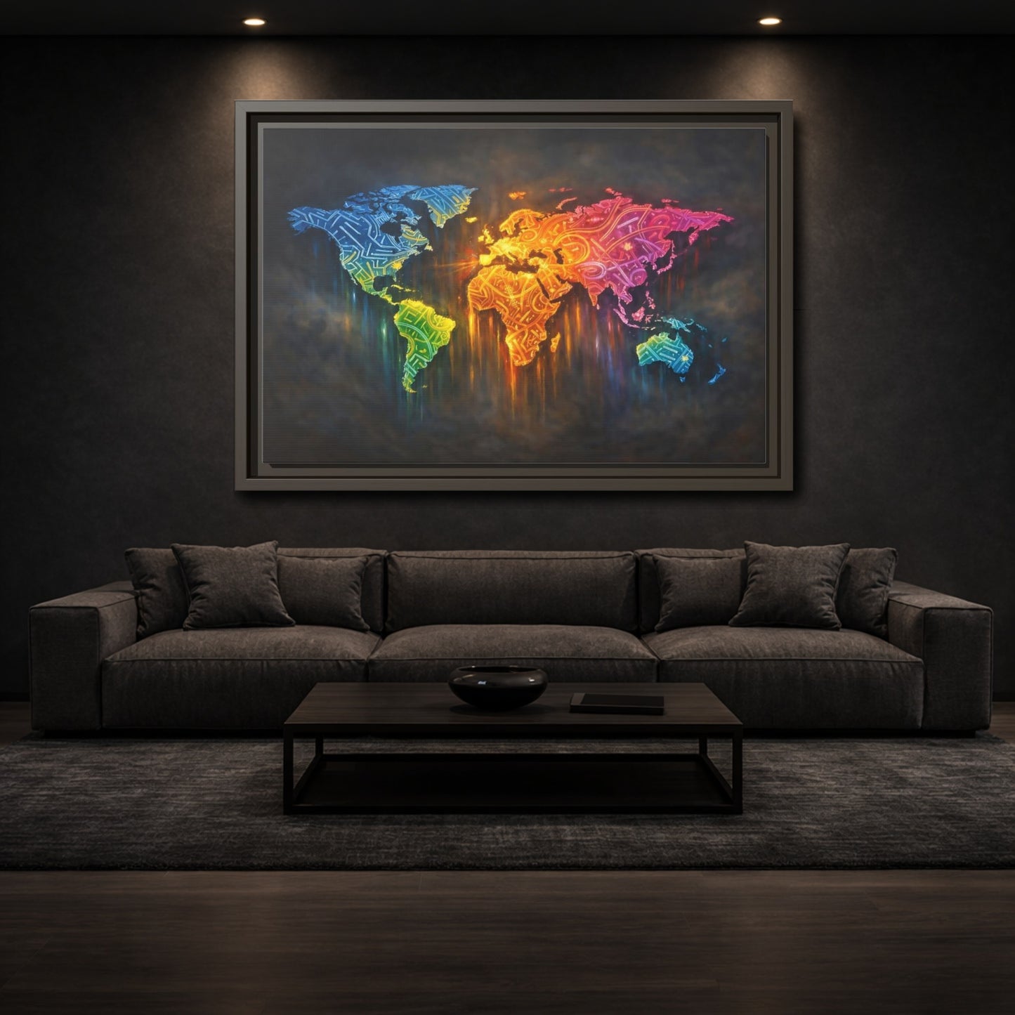Mockup 2. Maps World Map Colorful World Map shown as stretched canvas wall art