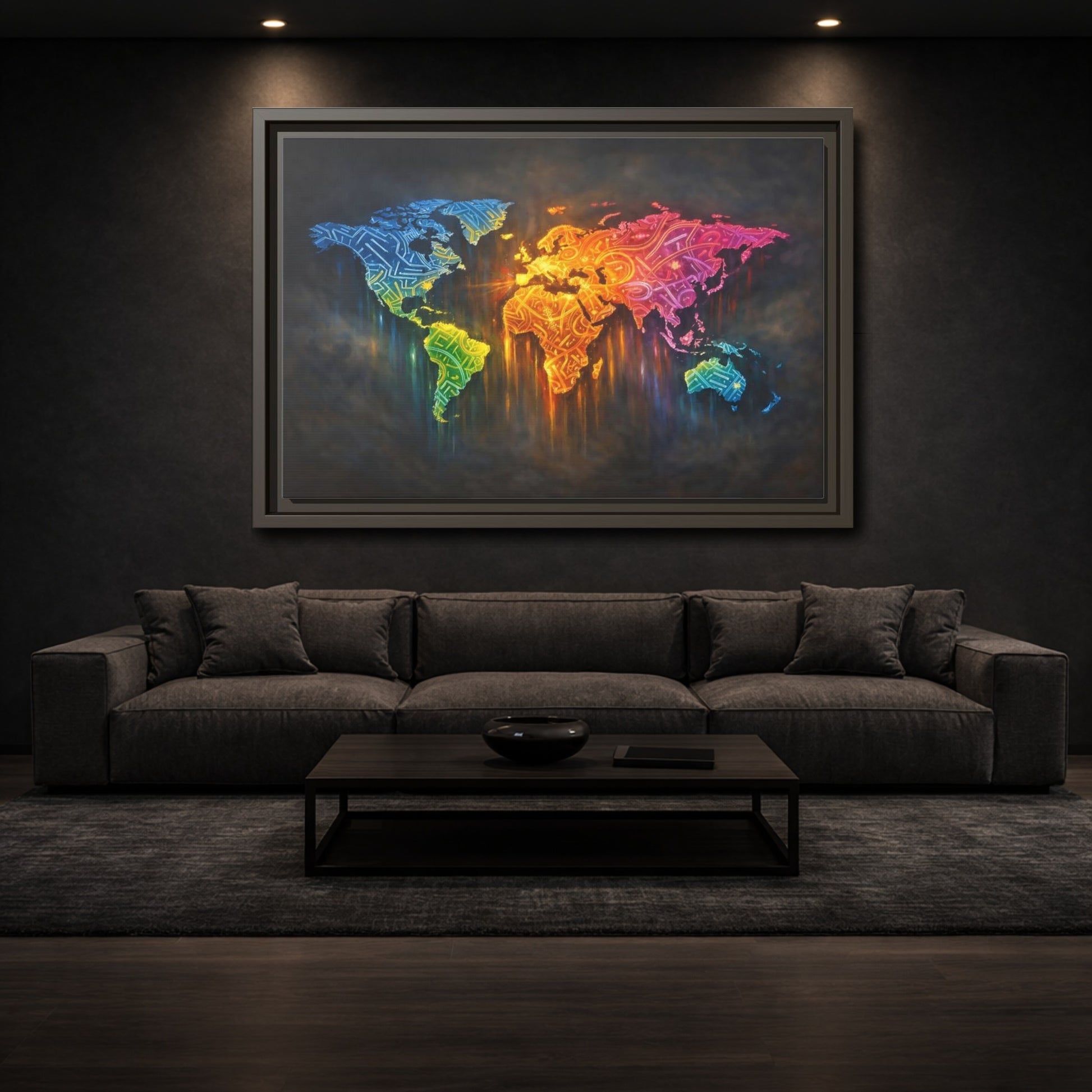 Mockup 2. Maps World Map Colorful World Map shown as stretched canvas wall art