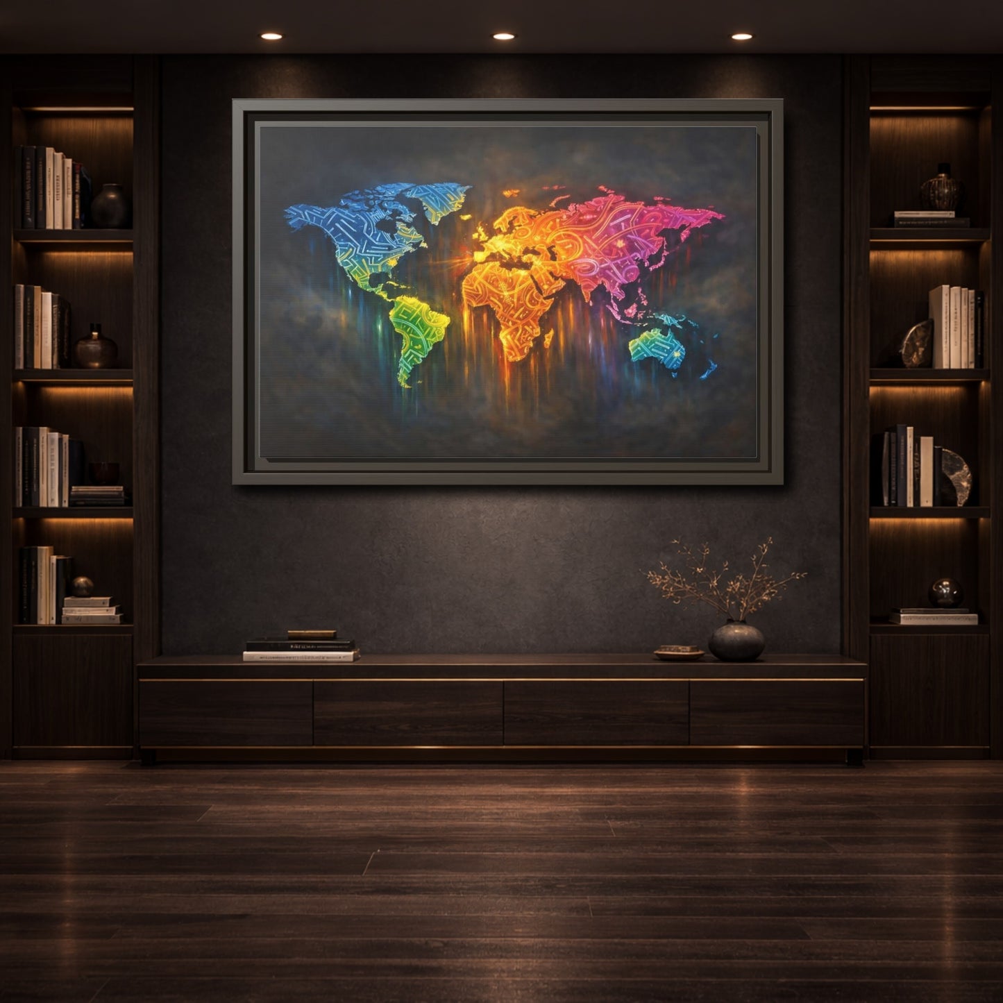Mockup 3. Maps World Map Colorful World Map shown as stretched canvas wall art