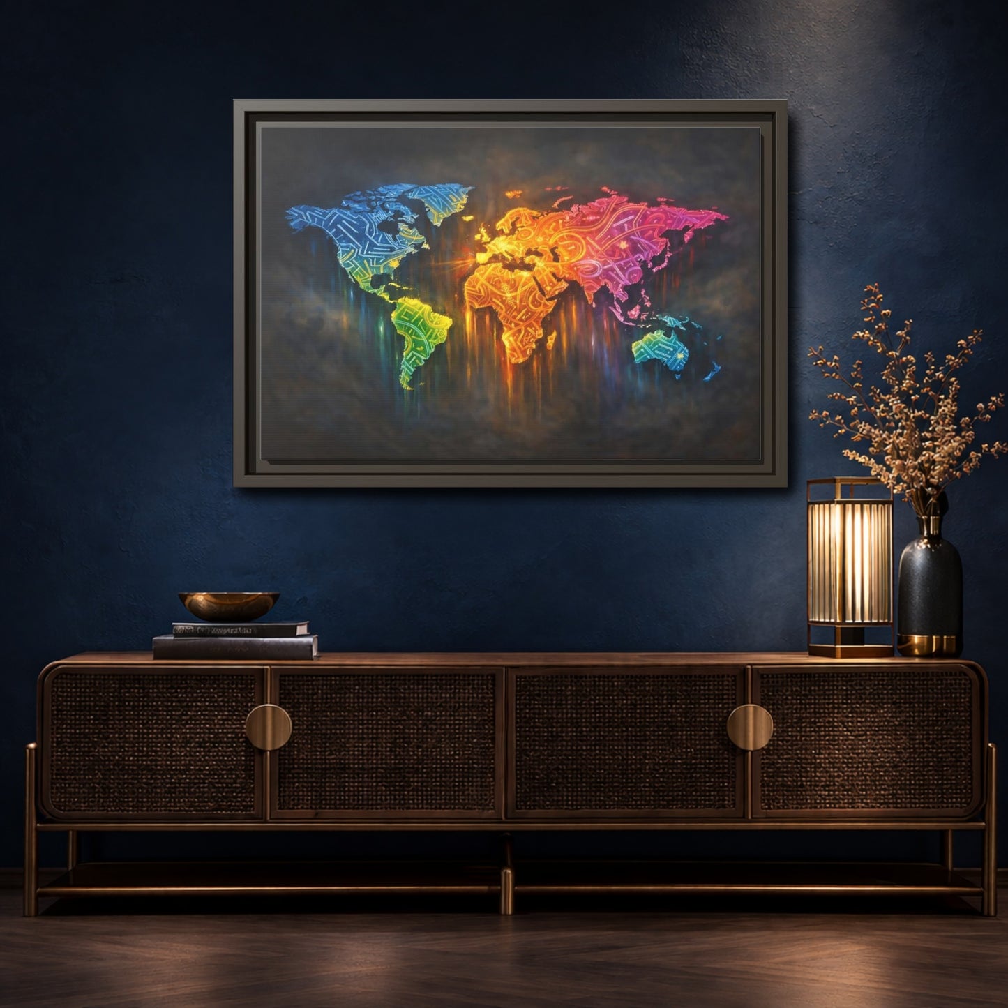 Mockup 4. Maps World Map Colorful World Map shown as stretched canvas wall art