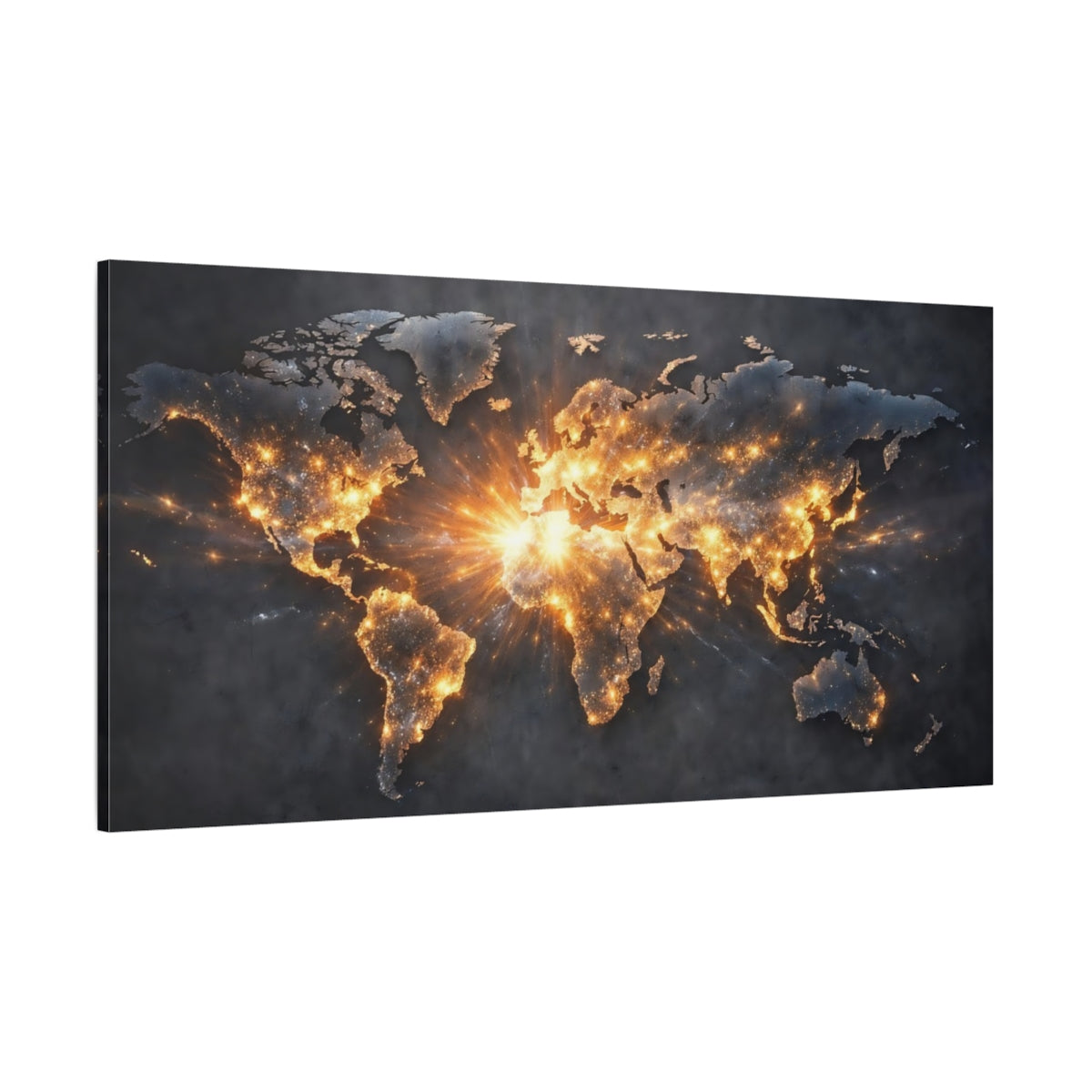 Main Mockup. Maps World Map Dark And Gold shown as stretched canvas wall art