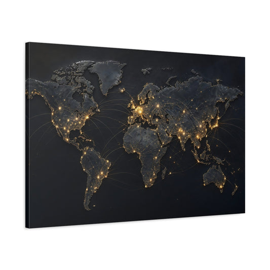 Main Mockup. Maps World Map Dark And Gold shown as stretched canvas wall art