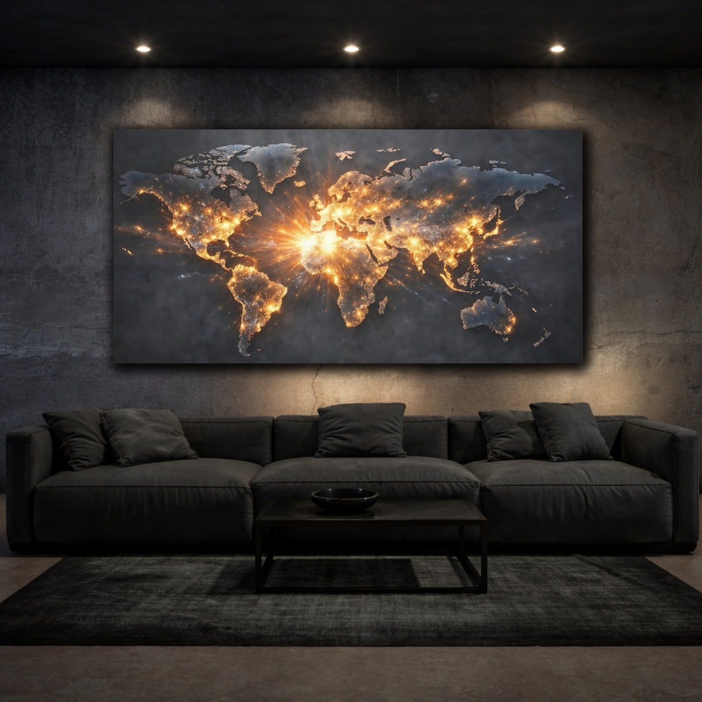 Mockup 2. Maps World Map Dark And Gold shown as stretched canvas wall art