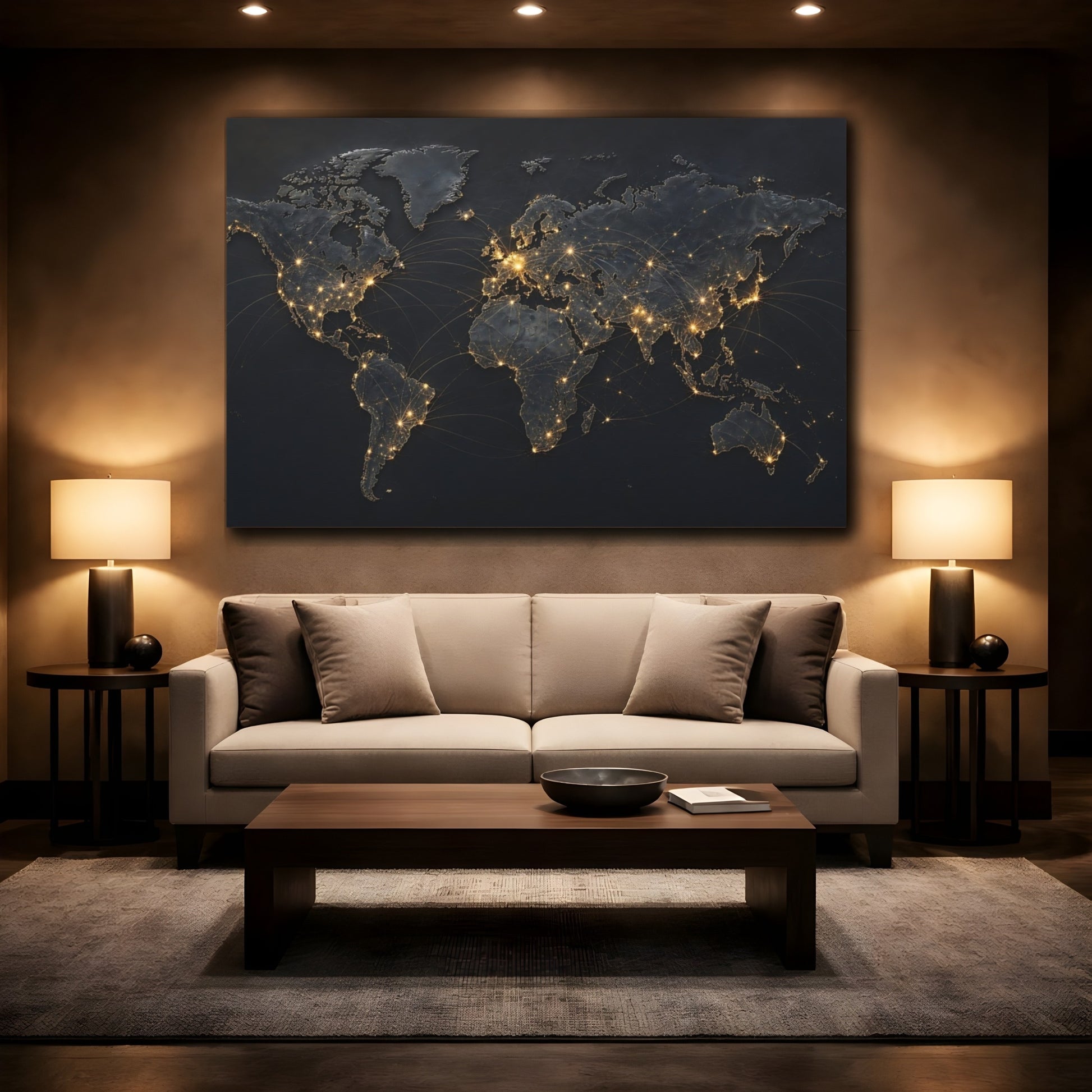 Mockup 2. Maps World Map Dark And Gold shown as stretched canvas wall art