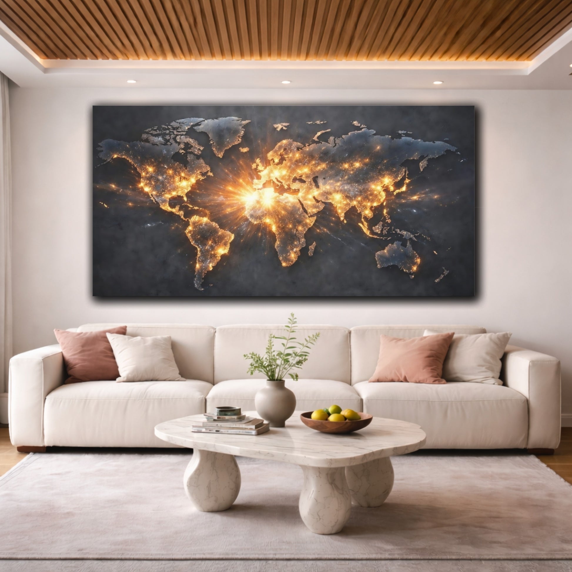 Mockup 3. Maps World Map Dark And Gold shown as stretched canvas wall art