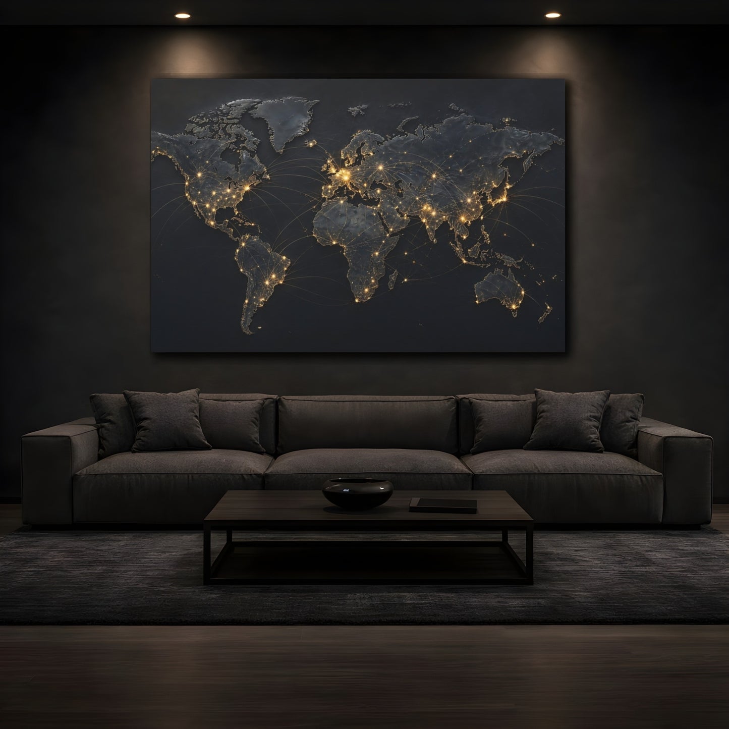 Mockup 3. Maps World Map Dark And Gold shown as stretched canvas wall art