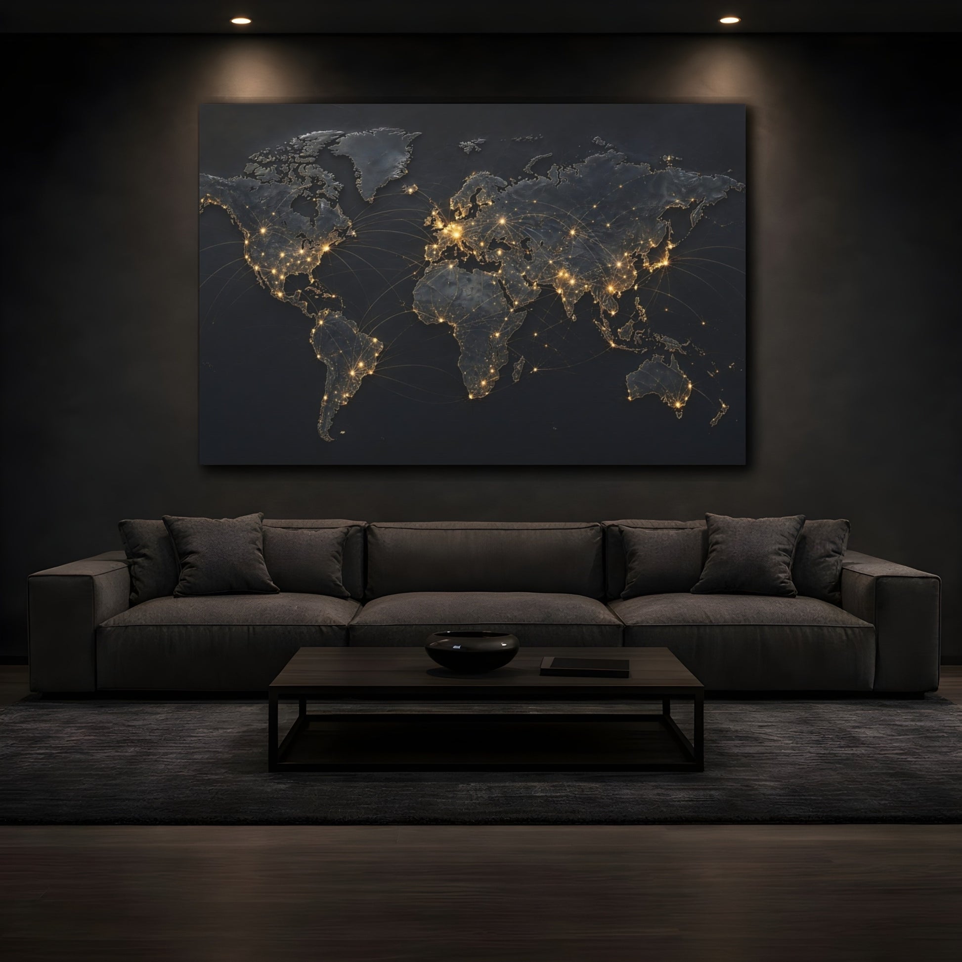 Mockup 3. Maps World Map Dark And Gold shown as stretched canvas wall art