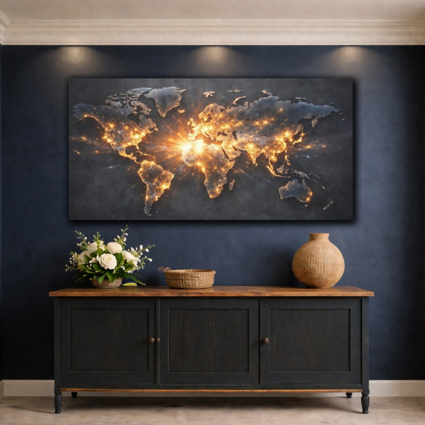 Mockup 4. Maps World Map Dark And Gold shown as stretched canvas wall art