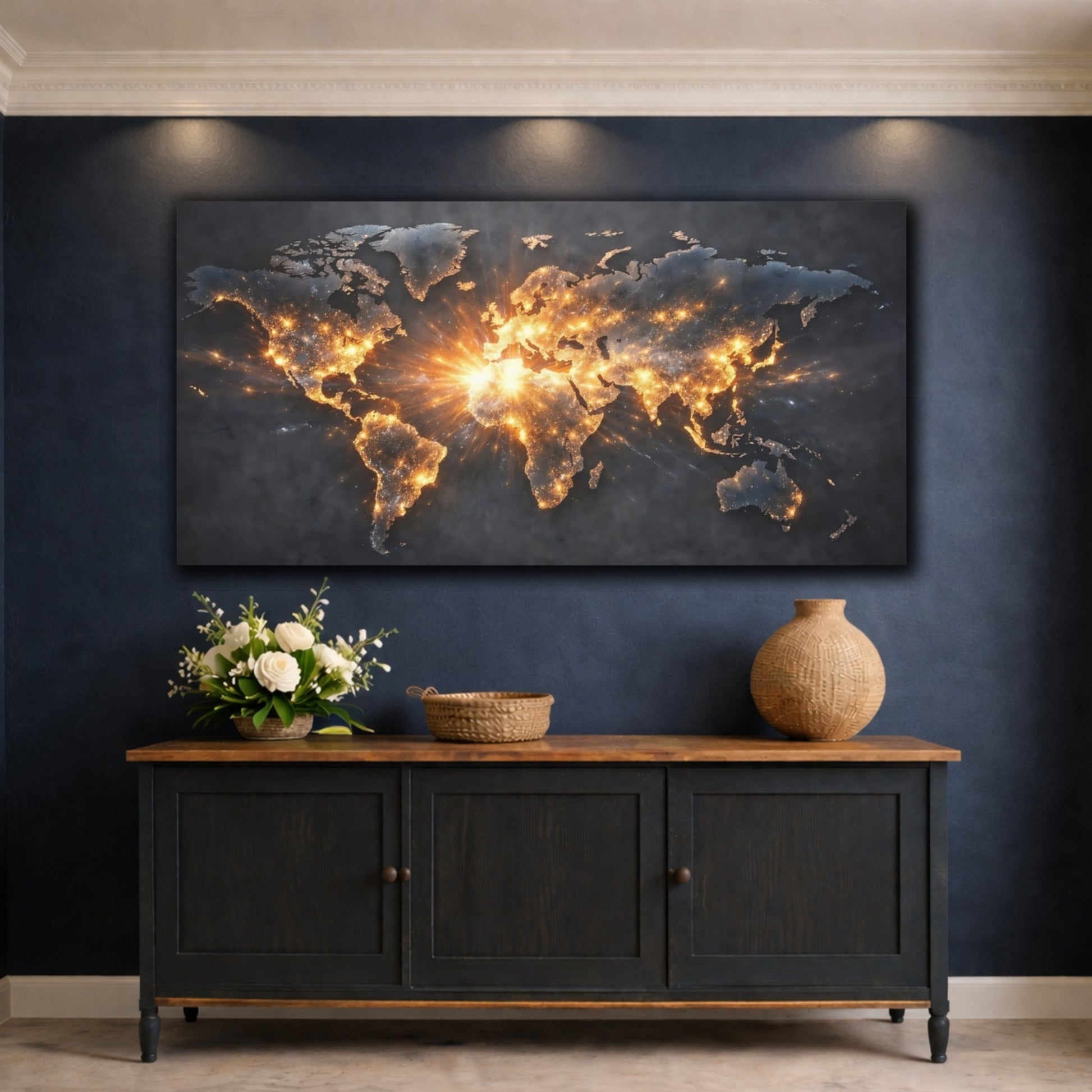 Mockup 4. Maps World Map Dark And Gold shown as stretched canvas wall art