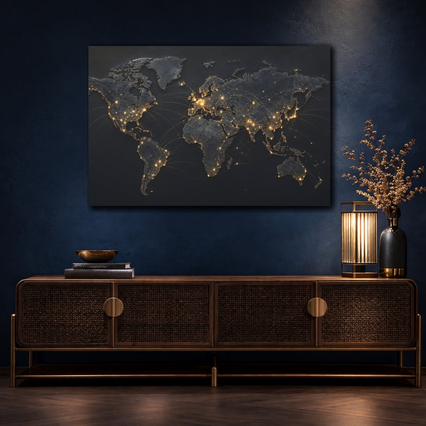 Mockup 4. Maps World Map Dark And Gold shown as stretched canvas wall art