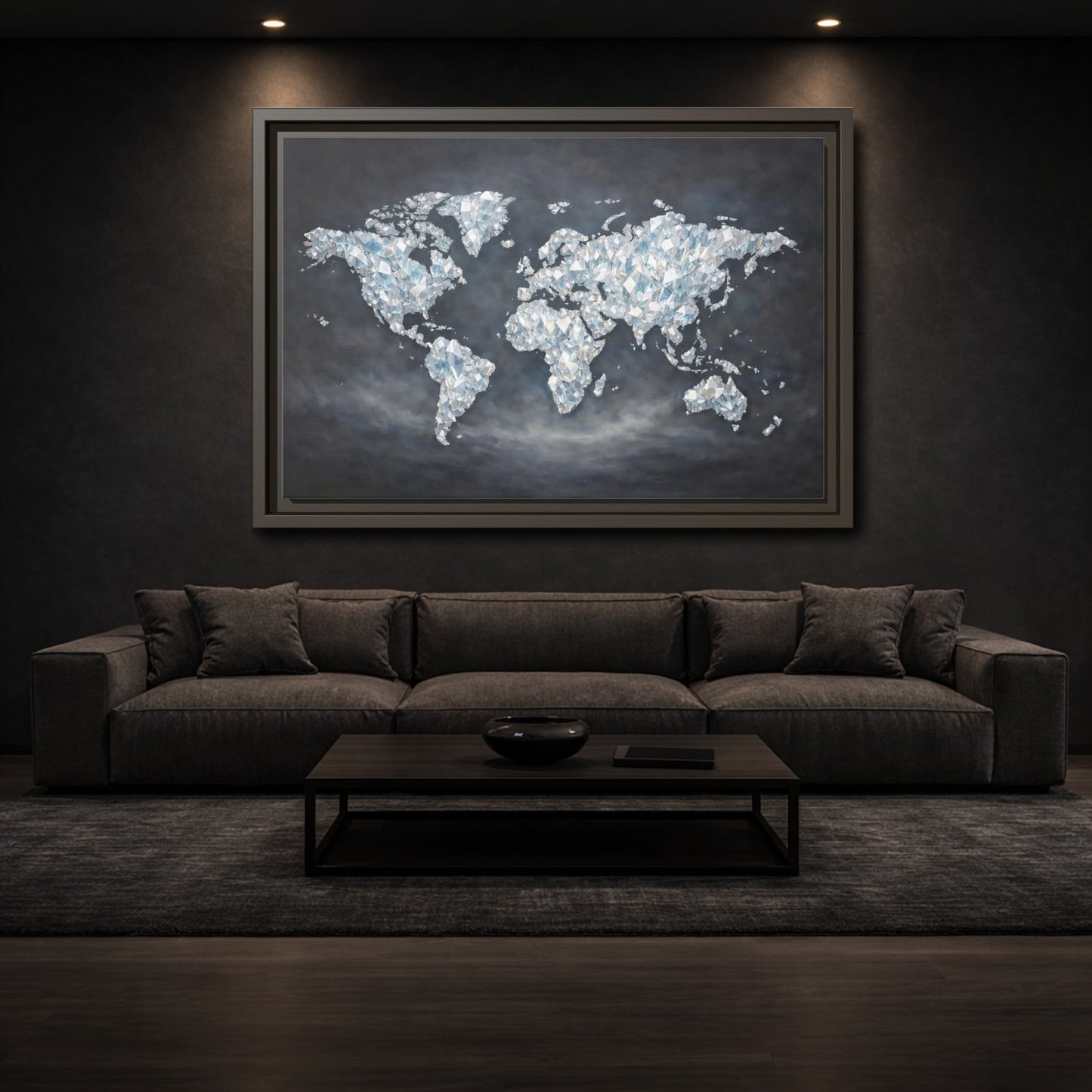 Mockup 2. Maps World Map Diamond World Map shown as stretched canvas wall art