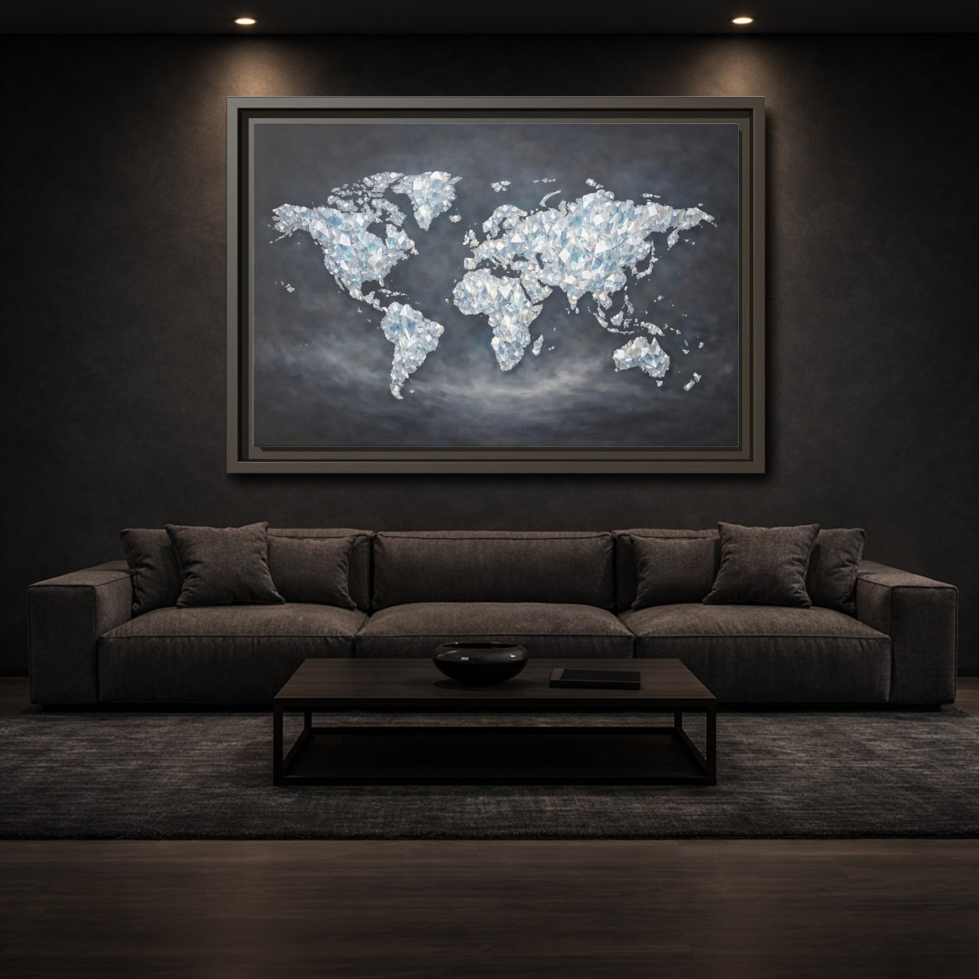 Mockup 2. Maps World Map Diamond World Map shown as stretched canvas wall art