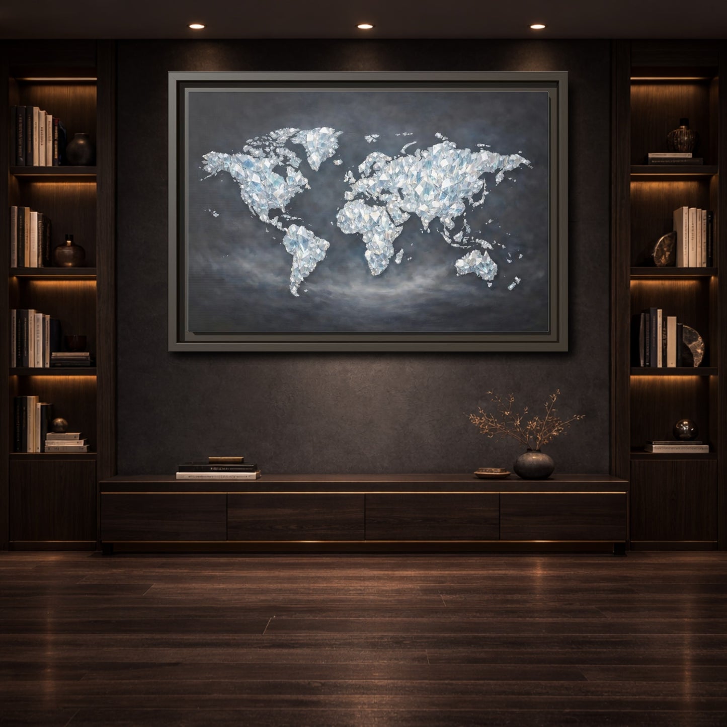 Mockup 3. Maps World Map Diamond World Map shown as stretched canvas wall art