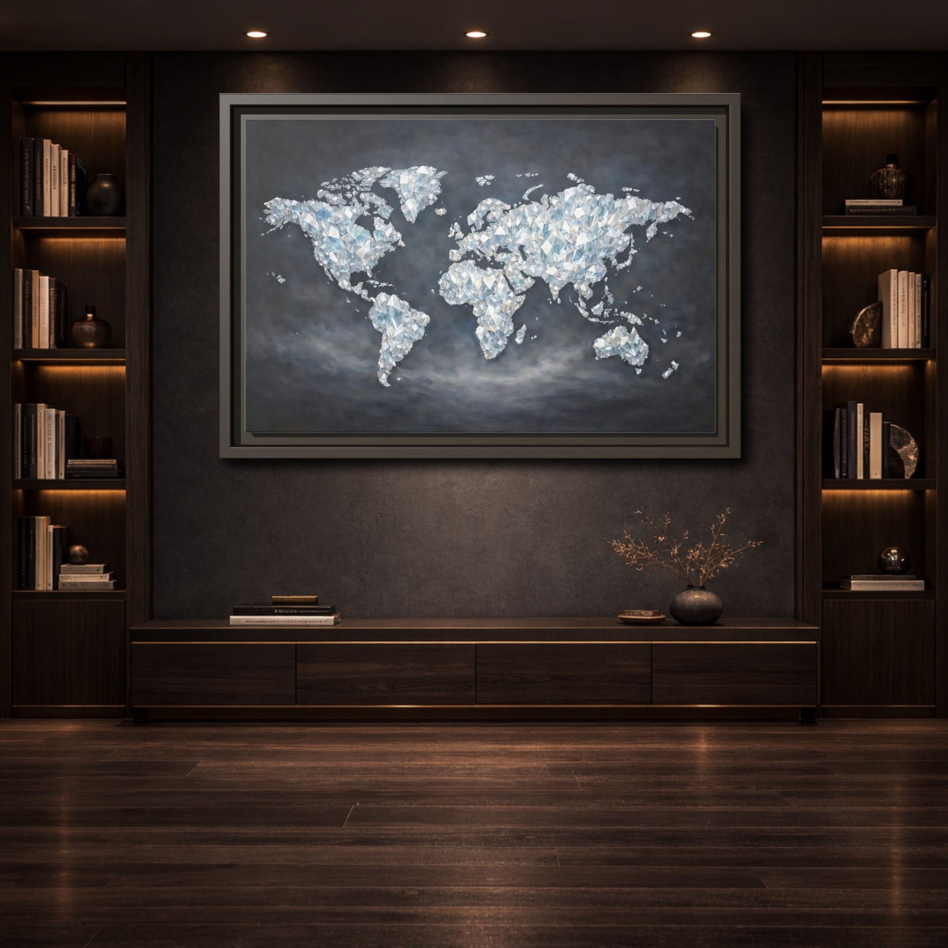 Mockup 3. Maps World Map Diamond World Map shown as stretched canvas wall art