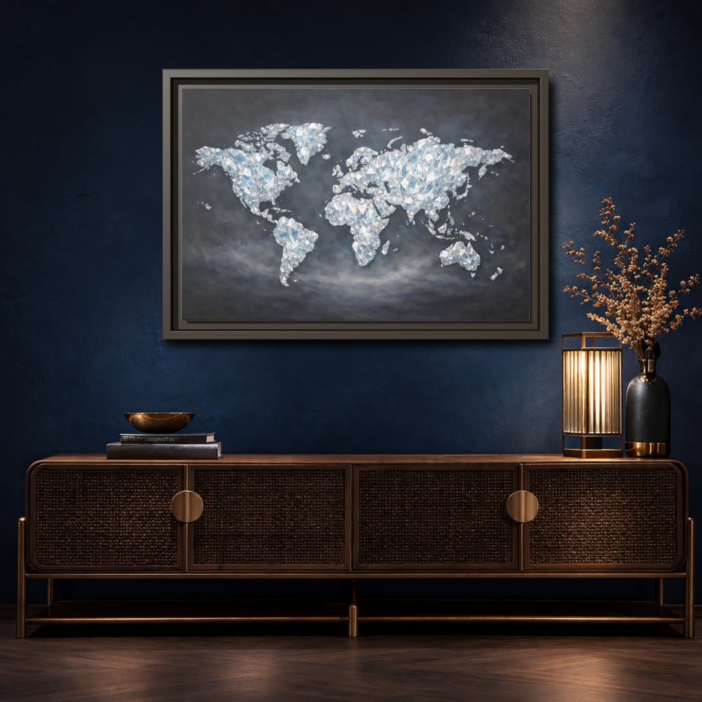 Mockup 4. Maps World Map Diamond World Map shown as stretched canvas wall art