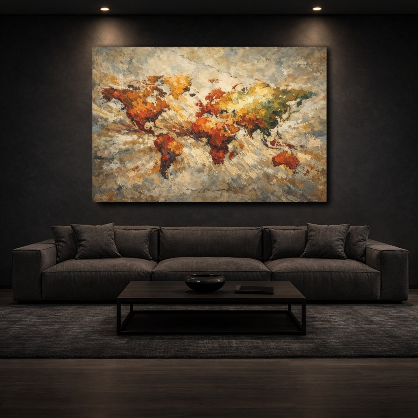 Mockup 2. Maps World Map Earthy World Map shown as stretched canvas wall art
